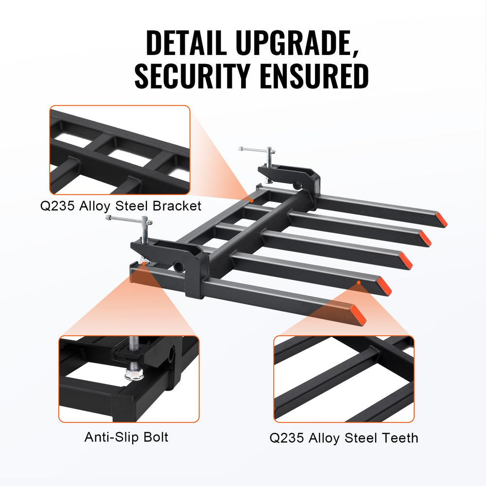 VEVOR Clamp on Debris Forks to 48" Bucket, 2600 lbs Capacity Heavy Duty Clamp on Pallet Forks Bucket Attachments, Fit for Loader Bucket Skidsteer Tractor to Clean up Fallen Limbs Debris or Yard Wwaste