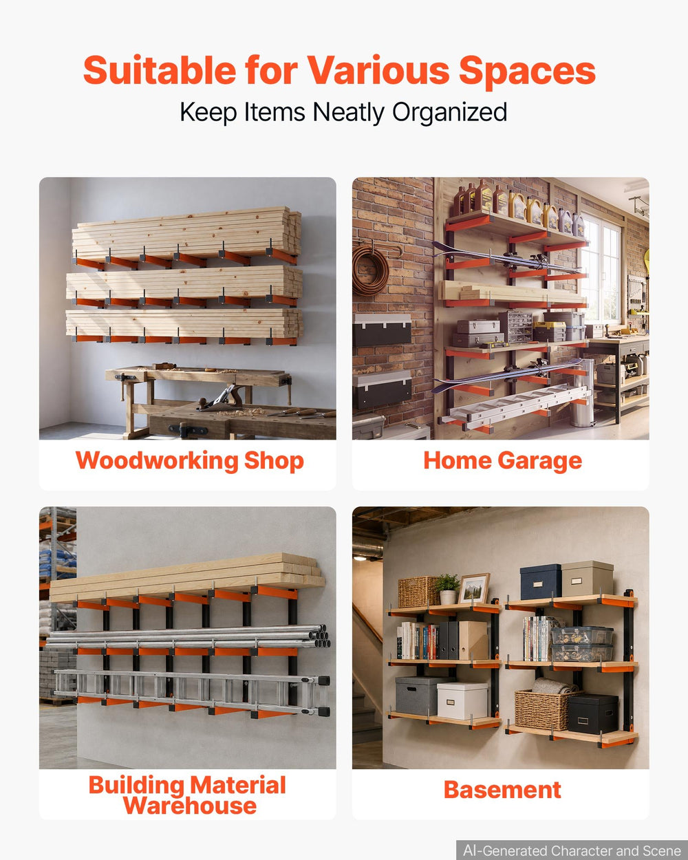 VEVOR Lumber Rack, 3-Tier 6-Pack 50 kg per Tier, Foldable Wood Storage, Wall-mounted for Garages, Workshops, Warehouse, Basement, Heavy-Duty Cantilever Arms, Locking Pins, Steel, Orange & Black