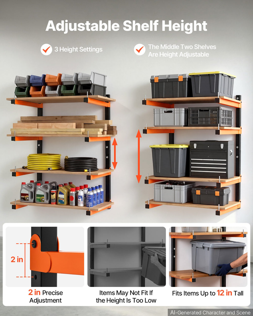 VEVOR Lumber Rack, 4-Tier 4-Pack 50 kg per Tier, Foldable Wood Storage, Wall-mounted for Garages, Workshops, Warehouse, Heavy-Duty Cantilever Arms, 3-Level Adjustment, Steel, Orange & Black