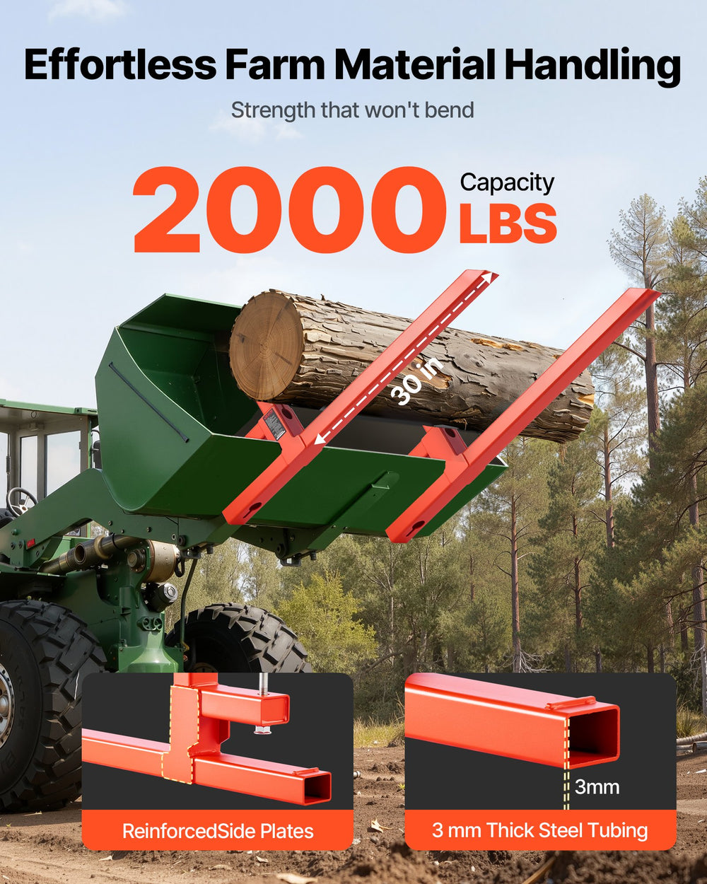 VEVOR Pallet Forks, 907 kg Clamp on Pallet Forks, 109 cm Total Length Heavy-Duty Quick Attach Tractor Fork Compatible with Tractor Attachments, Loader Bucket, and Skid Steer, Orange