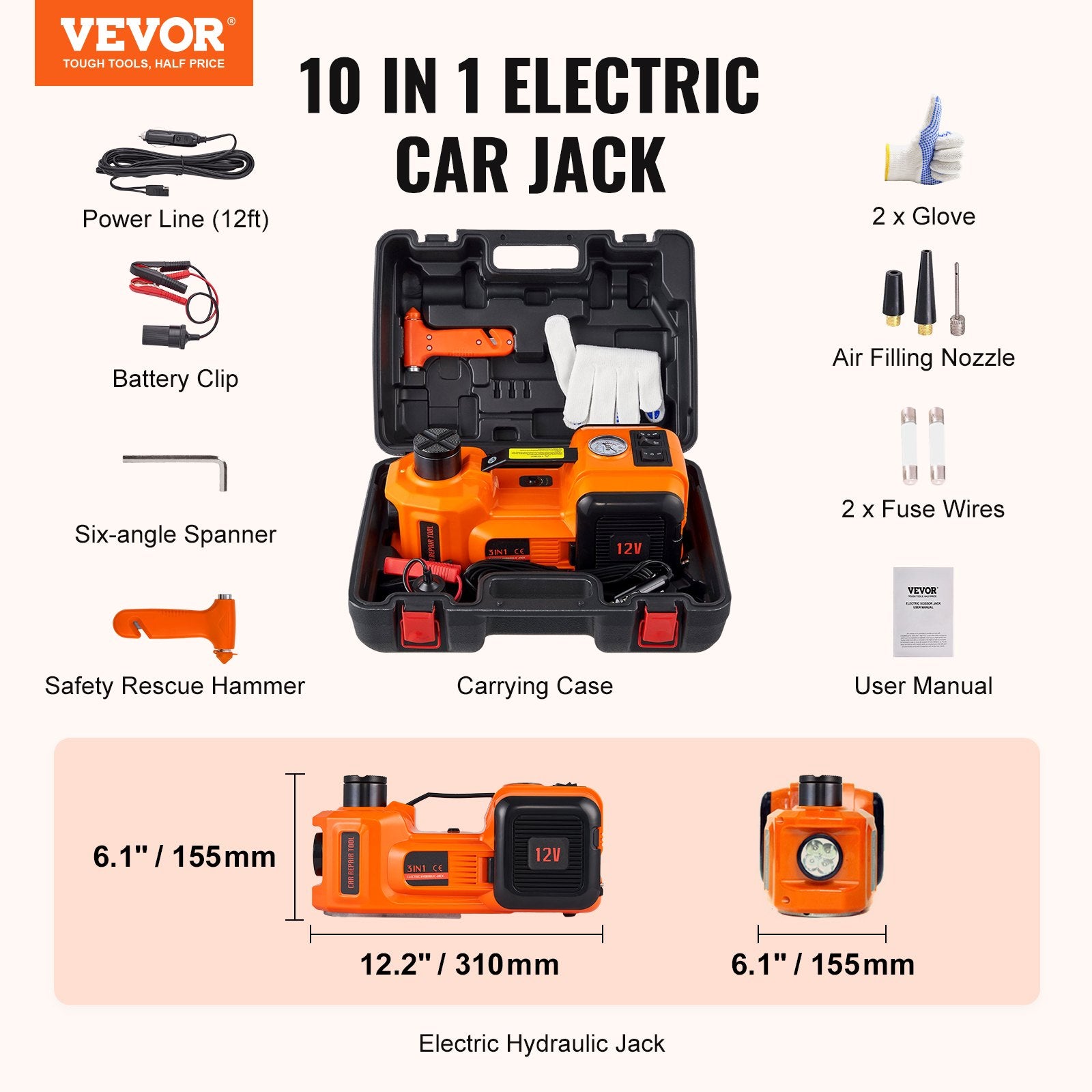 VEVOR Electric Hydraulic Car Floor Jack 5 Ton 12V Built-in Tire Inflator Pump