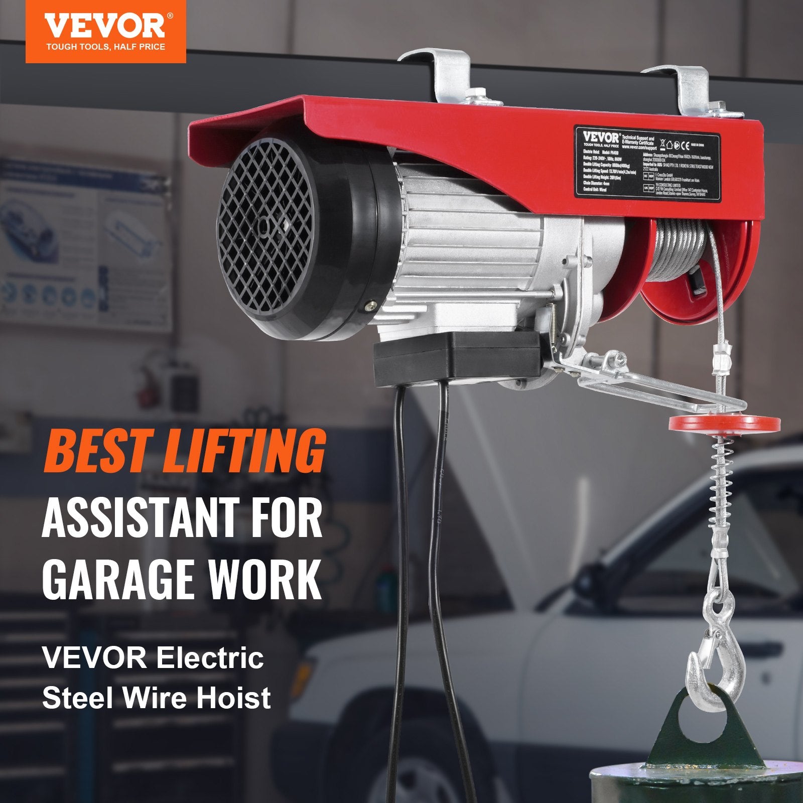 VEVOR Electric Hoist, 880 lbs 230V Electric Winch with 14 ft Wired Remote Control, 40 ft Single Cable Lifting Height, Single/Double Slings, Emergency Stop, Lift Hoist for Garage Warehouse Factory