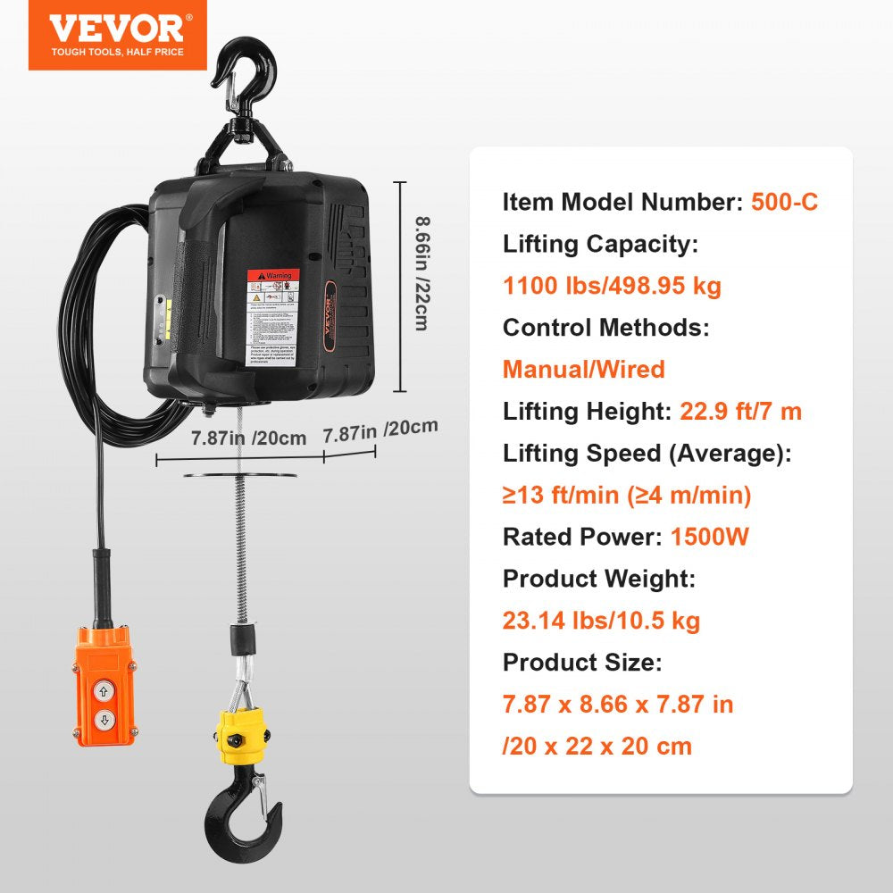 VEVOR 2-in-1 Portable Electric Hoist Power Winch 499 kg Wired Remote Control