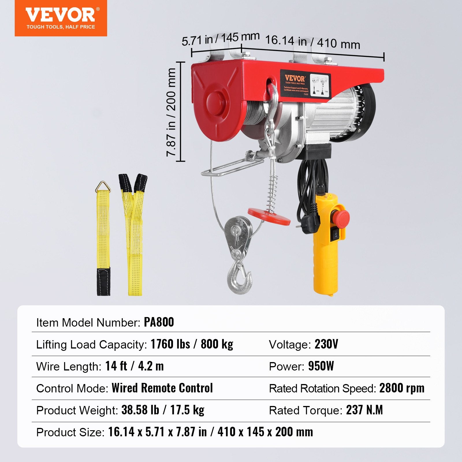 VEVOR Electric Hoist Crane Winch 798.3 kg with 426.7 cm Wired Remote Control 230V