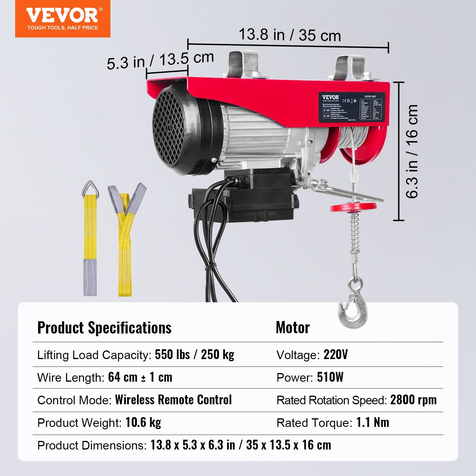 VEVOR Electric Hoist, 249.5 kg Lifting Capacity, 510W 220V Electric Steel Wire Winch with Wireless Remote Control, 1219 cm Single Cable Lifting Height & Pure Copper Motor, for Garage Warehouse Factory