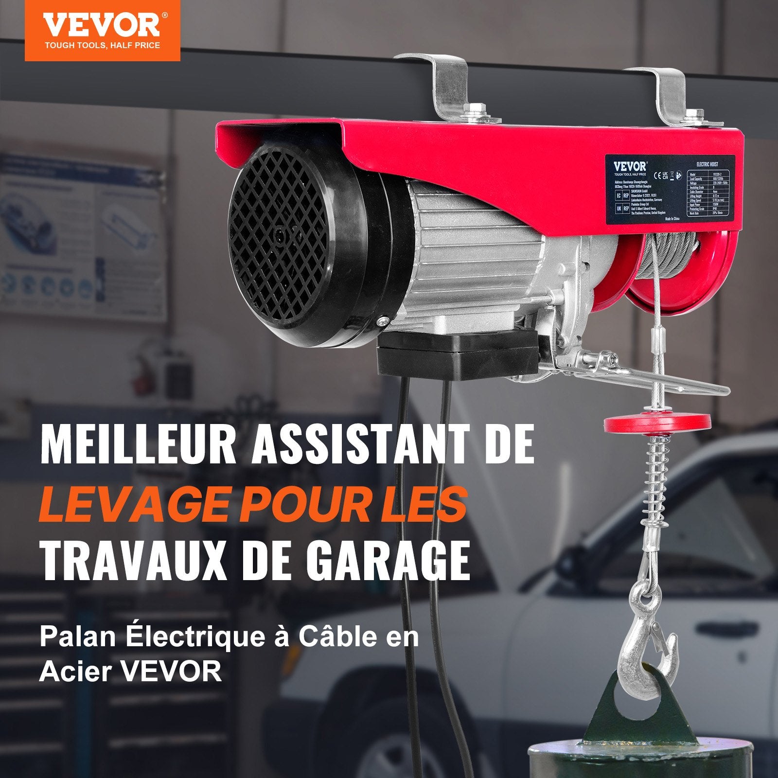 VEVOR Electric Hoist, 598.7 kg Lifting Capacity, 1150W 220V Electric Steel Wire Winch with 427 cm Wired Remote Control, 1219 cm Single Cable Lifting Height & Pure Copper Motor, for Garage Warehouse Factory