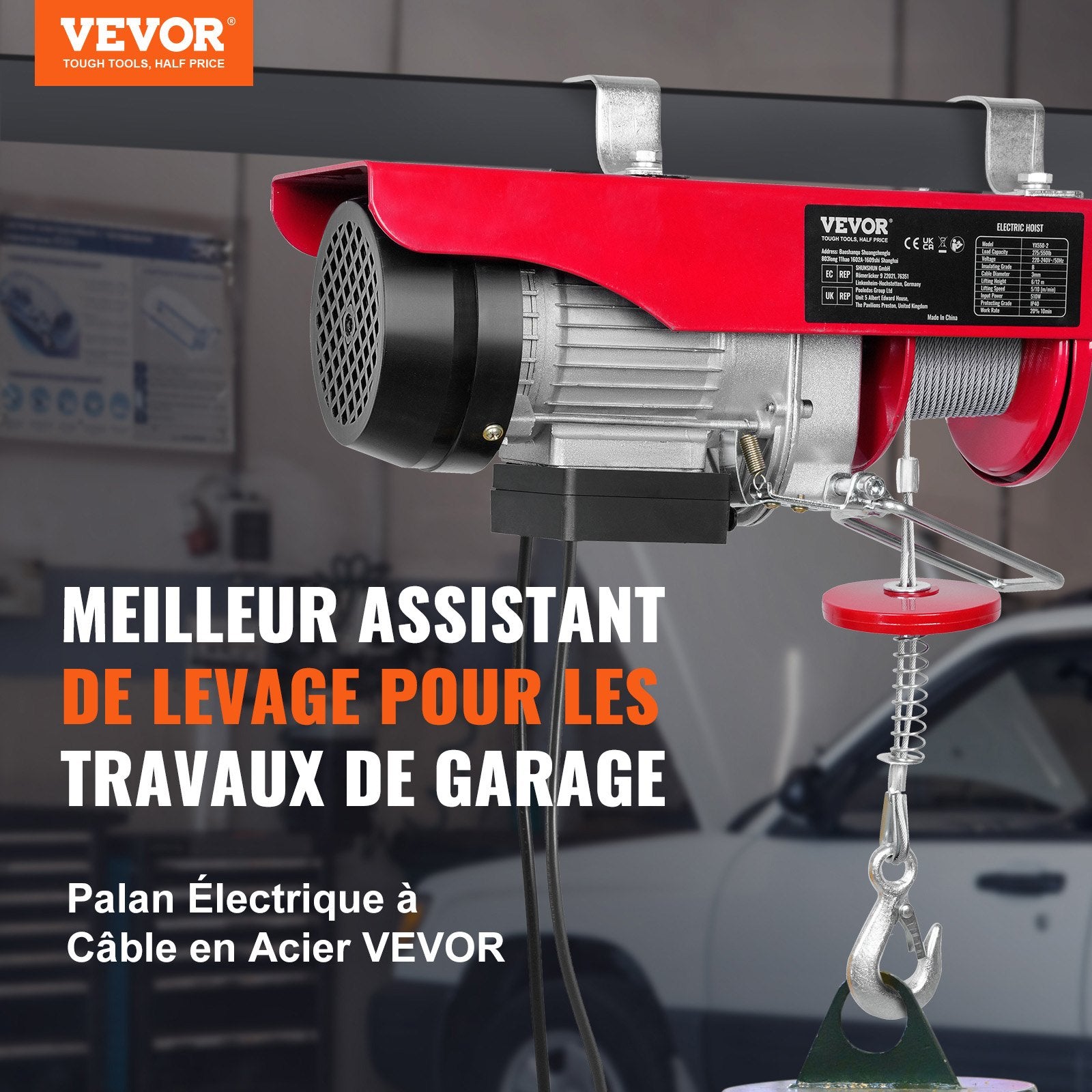 VEVOR Electric Hoist, 249.5 kg Lifting Capacity, 510W 220V Electric Steel Wire Winch with 427 cm Wired Remote Control, 1219 cm Single Cable Lifting Height & Pure Copper Motor, for Garage Warehouse Factory