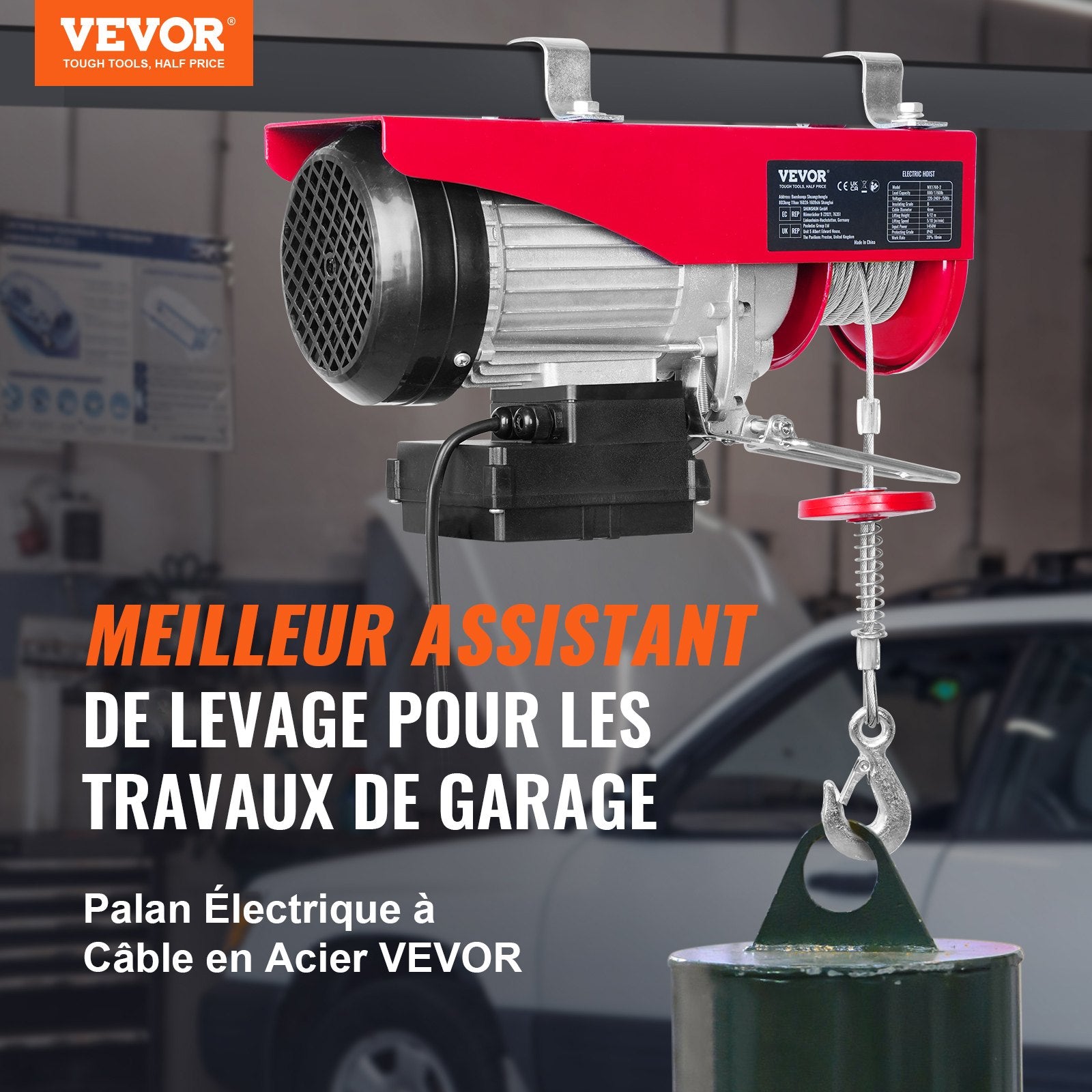 VEVOR Electric Hoist, 798 kg Lifting Capacity, 1450W 220V Electric Steel Wire Winch with Wireless Remote Control, 1219 cm Single Cable Lifting Height & Pure Copper Motor, for Garage Warehouse Factory