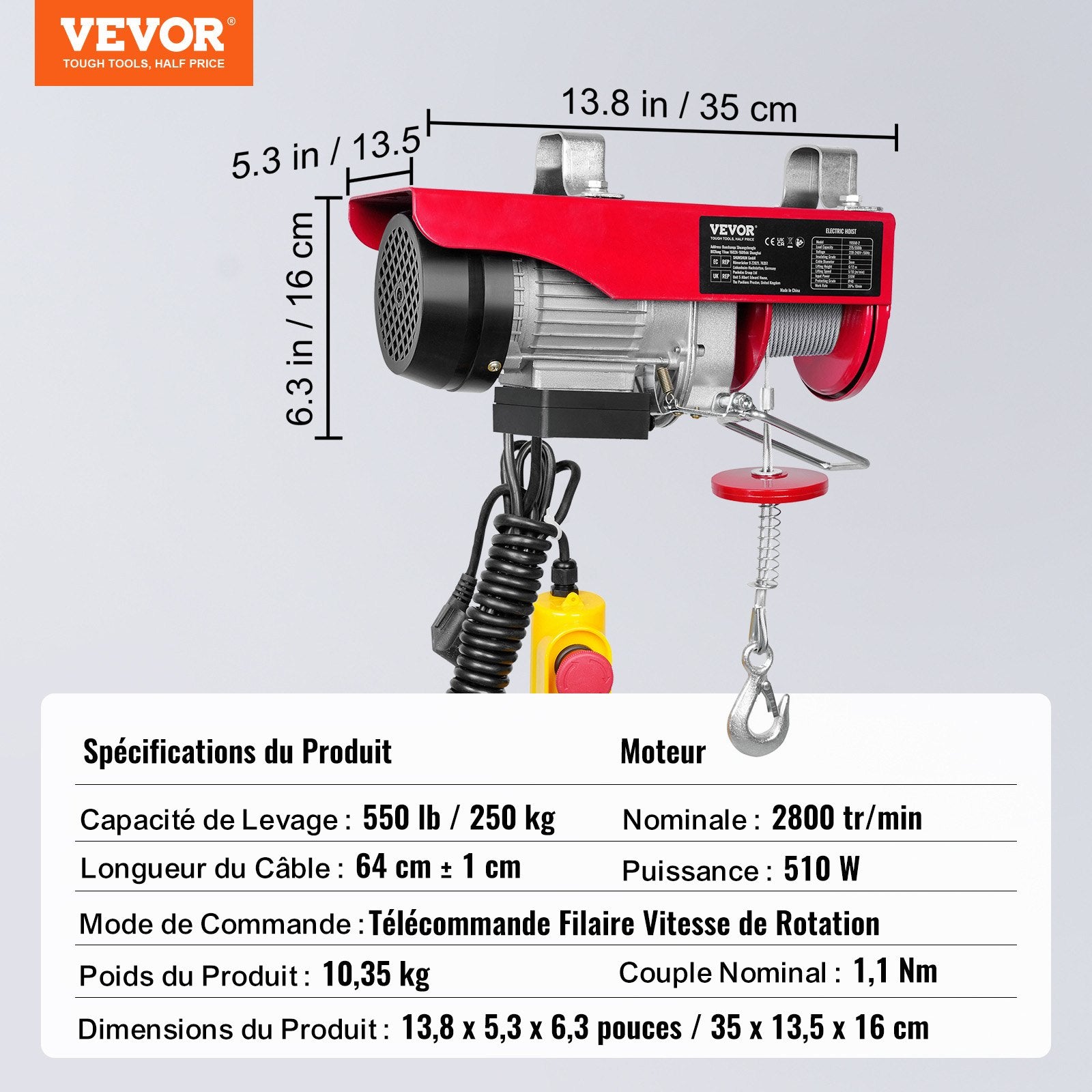 VEVOR Electric Hoist, 249.5 kg Lifting Capacity, 510W 220V Electric Steel Wire Winch with 427 cm Wired Remote Control, 1219 cm Single Cable Lifting Height & Pure Copper Motor, for Garage Warehouse Factory