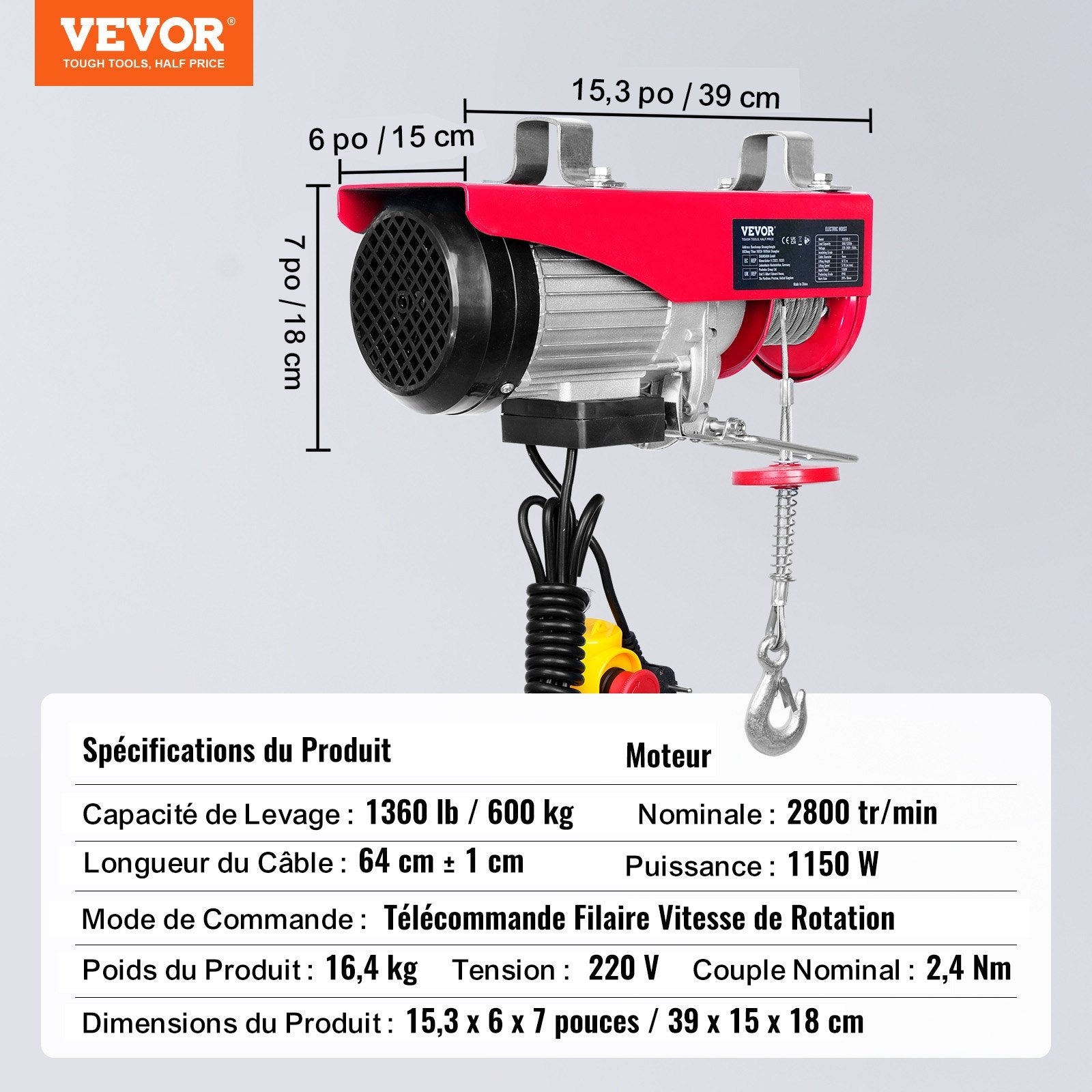VEVOR Electric Hoist, 598.7 kg Lifting Capacity, 1150W 220V Electric Steel Wire Winch with 427 cm Wired Remote Control, 1219 cm Single Cable Lifting Height & Pure Copper Motor, for Garage Warehouse Factory
