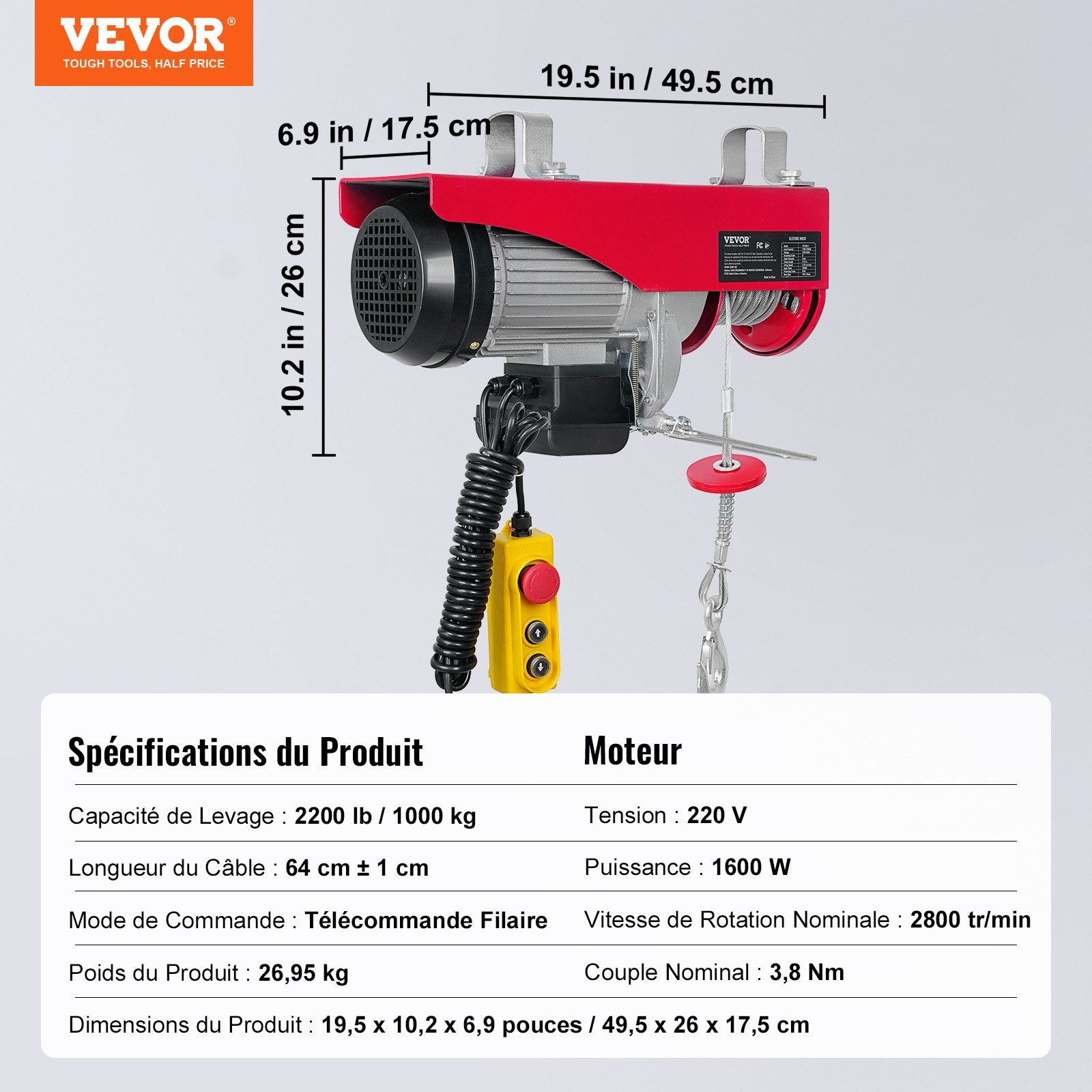 VEVOR Electric Hoist, 998 kg Lifting Capacity, 1600W 220V Electric Steel Wire Winch with 427 cm Wired Remote Control, 1219 cm Single Cable Lifting Height & Pure Copper Motor, for Garage Warehouse Factory