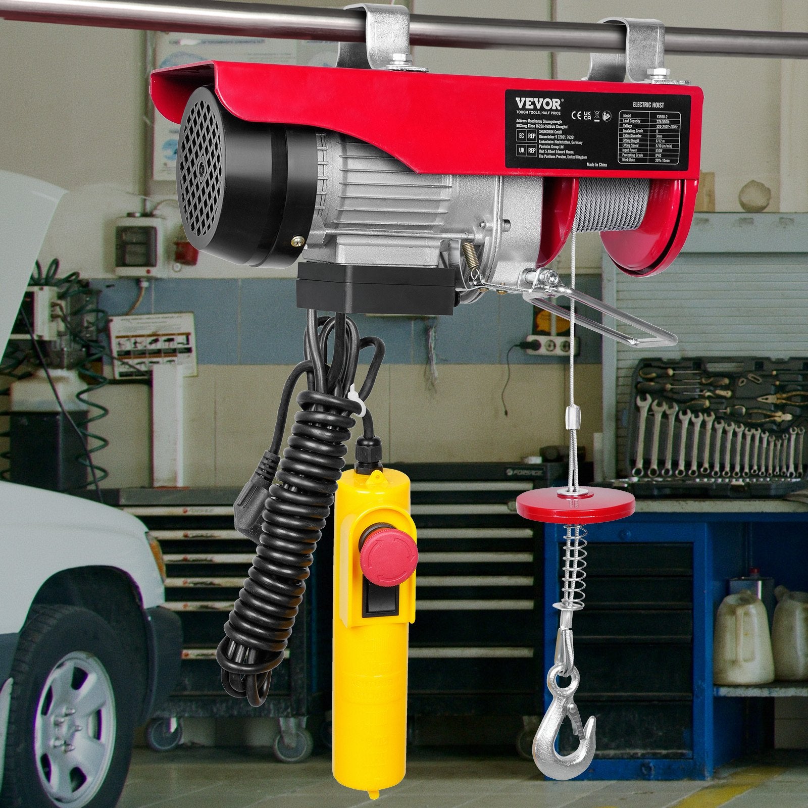VEVOR Electric Hoist, 249.5 kg Lifting Capacity, 510W 220V Electric Steel Wire Winch with 427 cm Wired Remote Control, 1219 cm Single Cable Lifting Height & Pure Copper Motor, for Garage Warehouse Factory