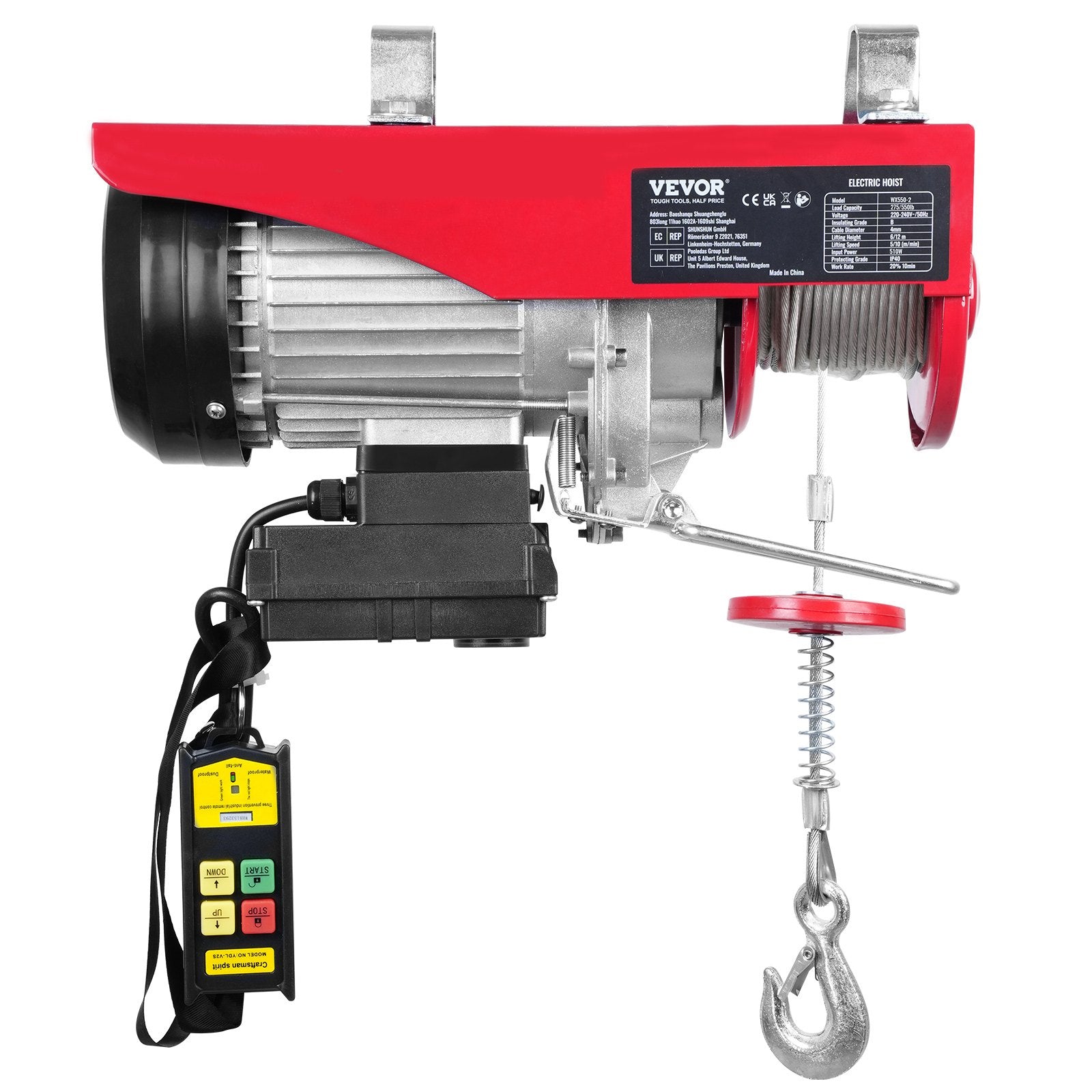 VEVOR Electric Hoist, 249.5 kg Lifting Capacity, 510W 220V Electric Steel Wire Winch with Wireless Remote Control, 1219 cm Single Cable Lifting Height & Pure Copper Motor, for Garage Warehouse Factory