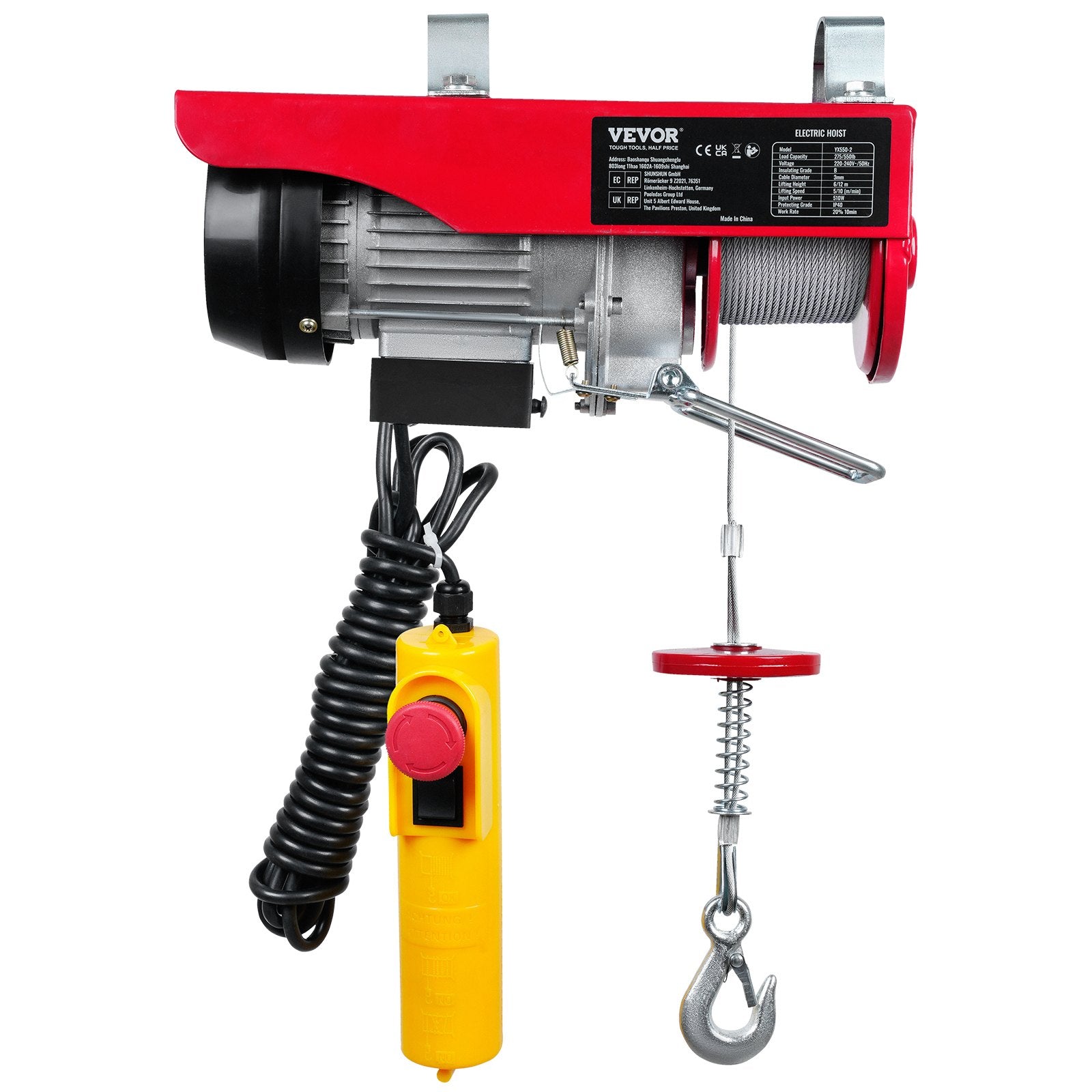VEVOR Electric Hoist, 249.5 kg Lifting Capacity, 510W 220V Electric Steel Wire Winch with 427 cm Wired Remote Control, 1219 cm Single Cable Lifting Height & Pure Copper Motor, for Garage Warehouse Factory
