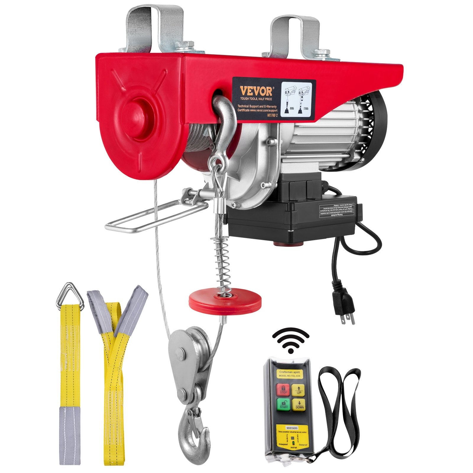 VEVOR Electric Hoist, 798 kg Lifting Capacity, 1450W 220V Electric Steel Wire Winch with Wireless Remote Control, 1219 cm Single Cable Lifting Height & Pure Copper Motor, for Garage Warehouse Factory