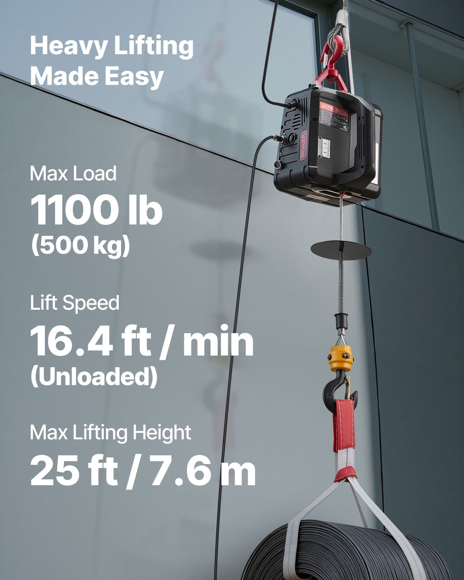 VEVOR 2-in-1 Electric Hoist Winch, 500 kg Capacity, 1500W Portable Power Winch Crane, 7.6 m Lifting Height, 5 m/min with Manual and Wired Remote Control for Factory, Warehouss, Garage