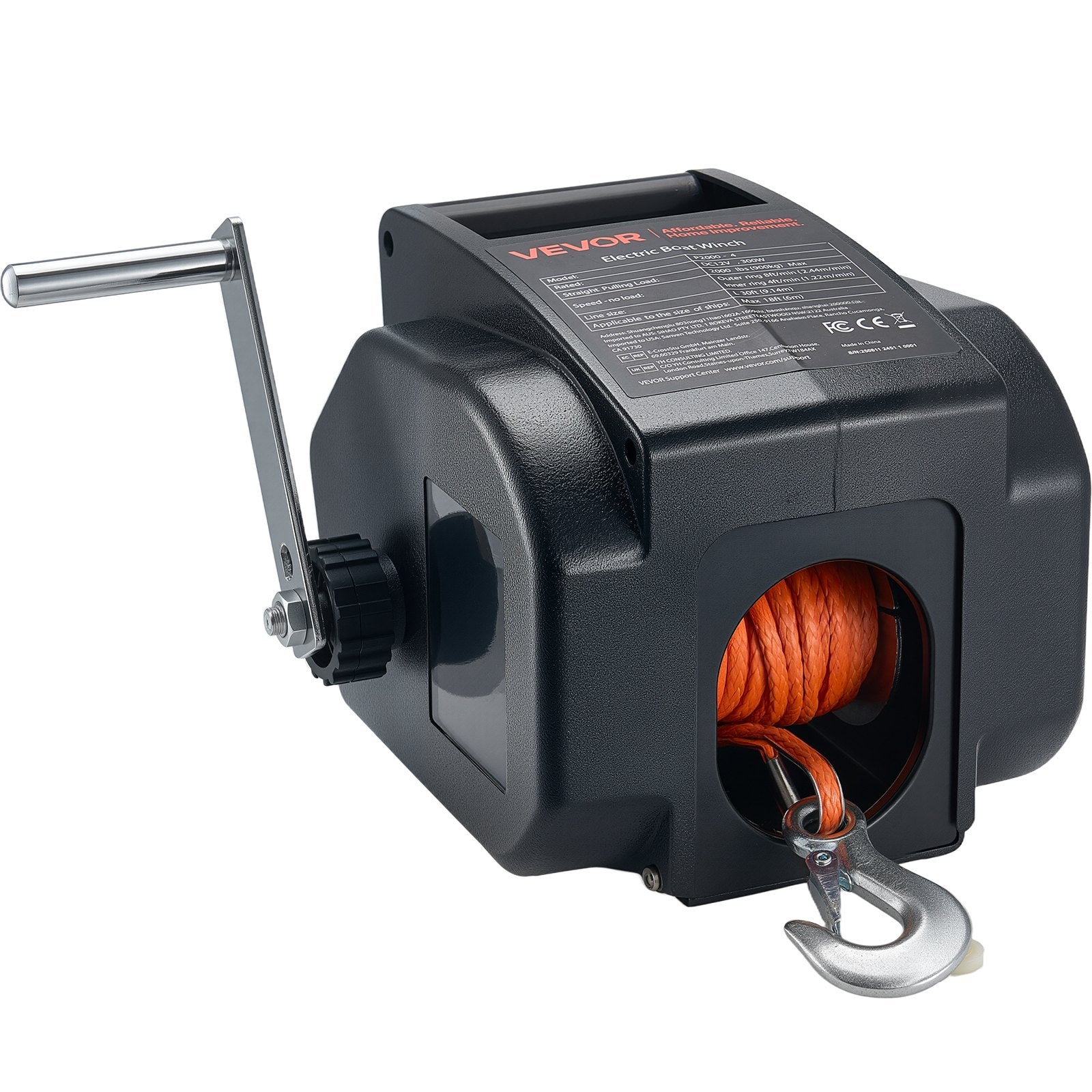 VEVOR Electric Boat Winch, 12V DC 300W, Reversible Electric Trailer Winch for Boats Up to 900 kg, Power-in, Power-Out, and Freewheel Operations for Boats with Wired Remote Control & Hand Crank