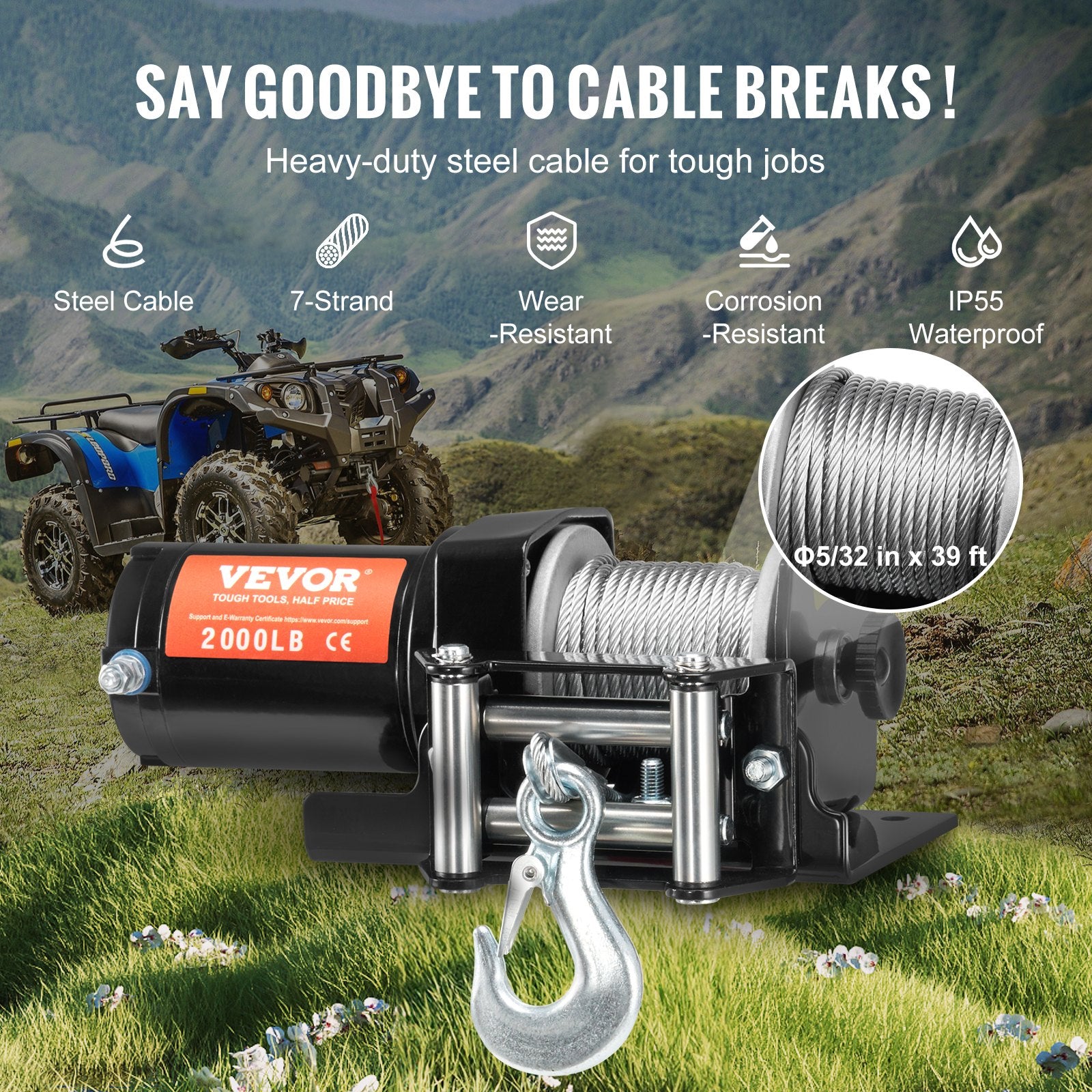 VEVOR Electric Winch ATV UTV 907.2 kg Steel Cable IP 55 Waterproof Wired Control