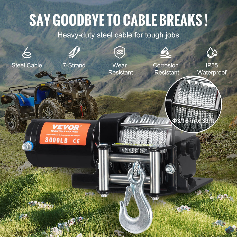 VEVOR Electric Winch ATV UTV 1360.8 kg Steel Cable IP55 Waterproof Wired Control