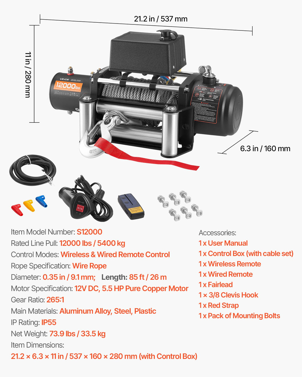 VEVOR Electric Winch, 5400 kg Load Capacity, 12V DC Truck Winch with Φ9.1 mm x 26 m Steel Rope, Wireless & Wired Remote Control, Suitable for Towing SUV Jeep Trailer Boat Off-Road Vehicle