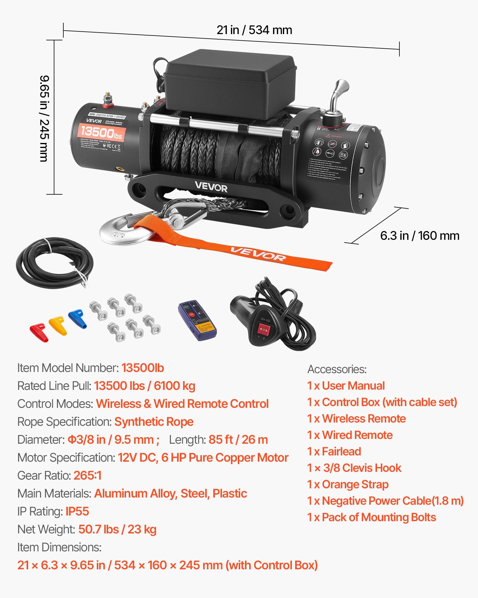 VEVOR Electric Winch, 6100 kg Load Capacity, 12V DC Truck Winch with Φ9.5 mm x 26 m Synthetic Rope, Wireless & Wired Remote Control, IP55 Waterproof for Towing Off-Road SUV Jeep Trailer Boat
