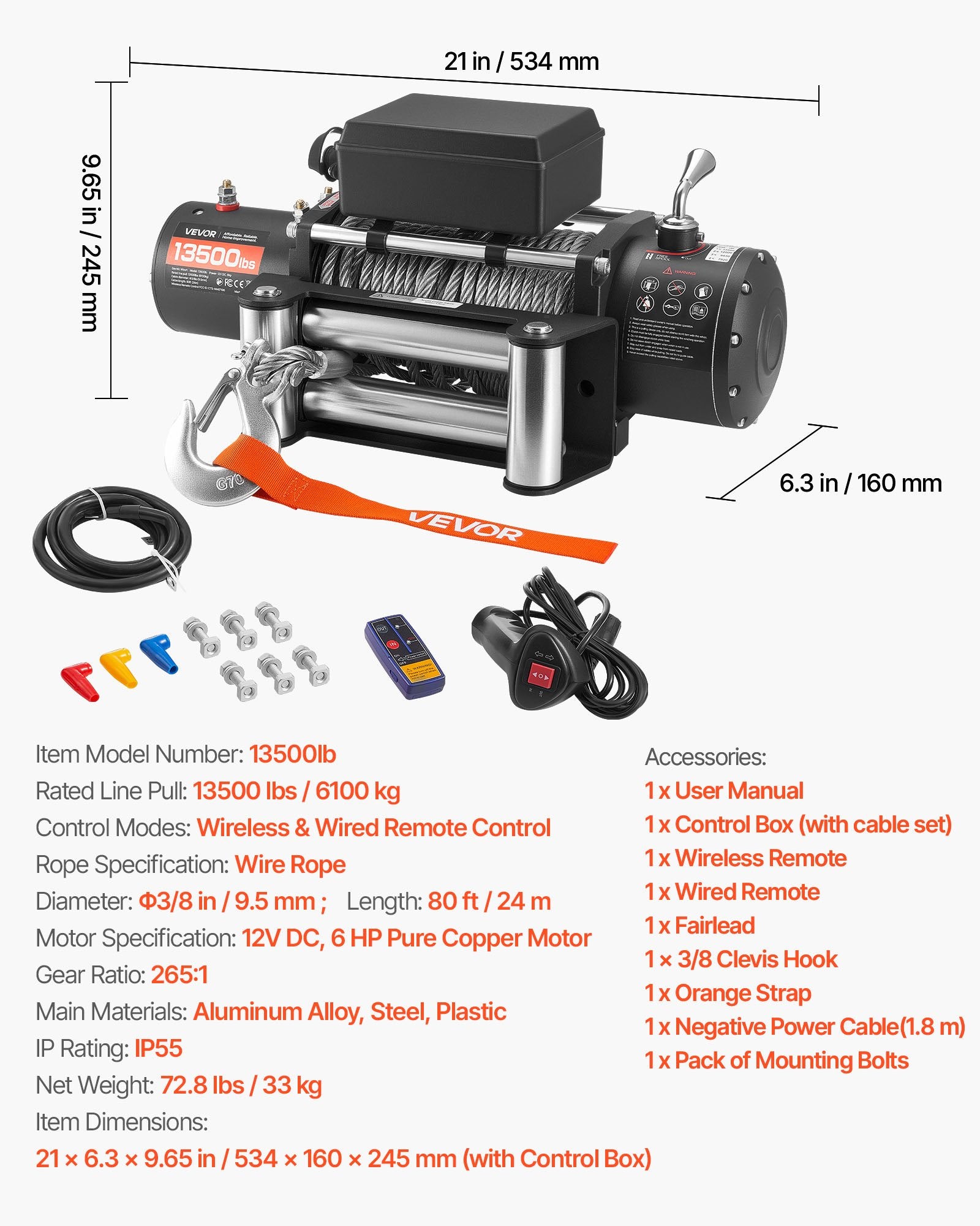 VEVOR Electric Winch, 6100 kg Load Capacity, 12V DC Truck Winch with Φ9.5 mm x 24 m Steel Rope, Wireless & Wired Remote Control, IP55 Waterproof for Towing SUV Jeep Trailer Boat Off-Road Vehicle