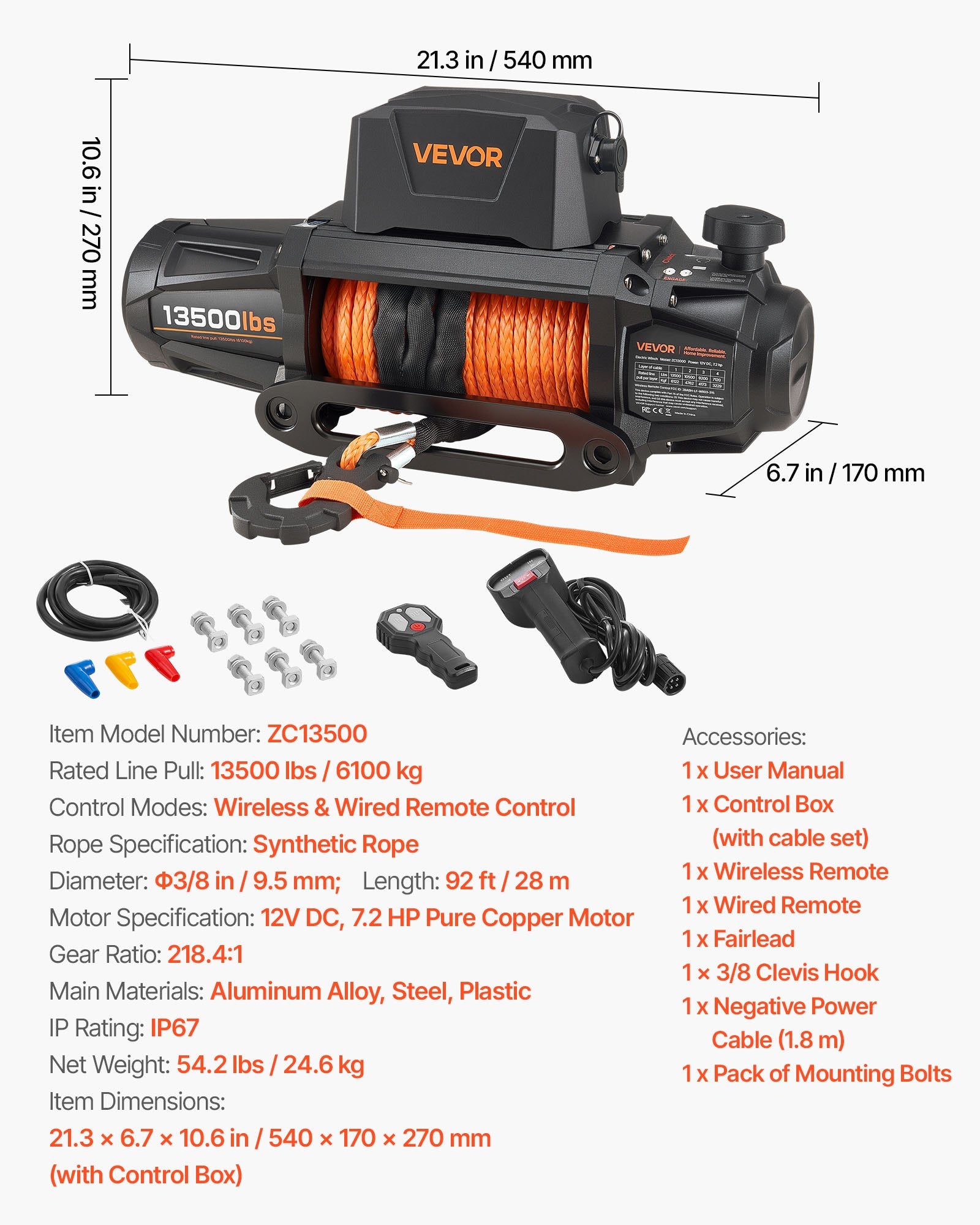 VEVOR Electric Winch, 6100 kg Load Capacity, 12V DC Truck Winch with Φ9.5 mm x 28 m Synthetic Rope, Wireless & Wired Remote Control, IP67 Waterproof for Towing Off-Road SUV Jeep Trailer Boat
