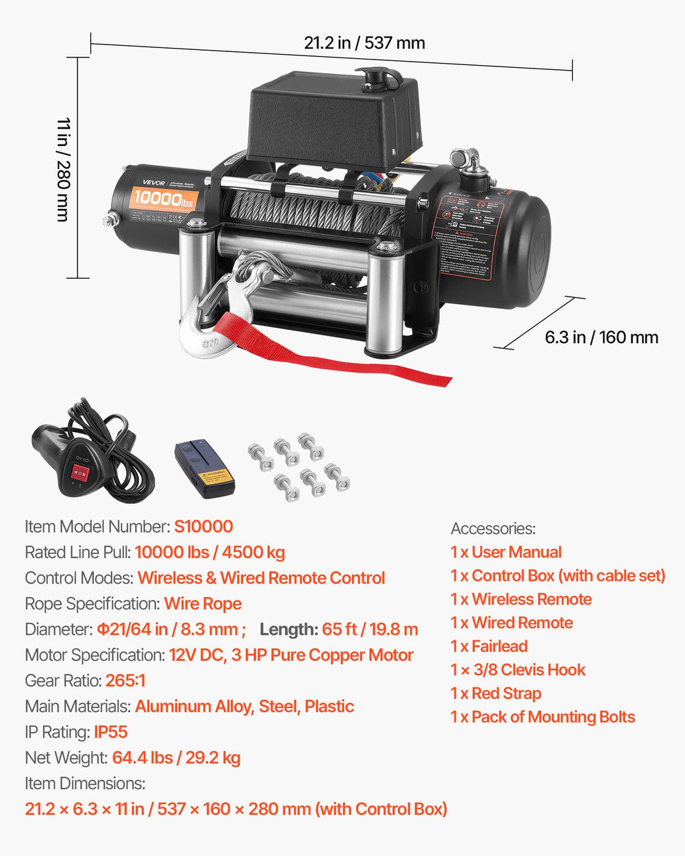 VEVOR Electric Winch, 4500 kg Load Capacity, 12V DC Truck Winch with Φ8.3 mm x 19.8 m Steel Rope, Wireless & Wired Remote Control, IP55 Waterproof for Towing SUV Jeep Trailer Boat Off-Road Vehicle