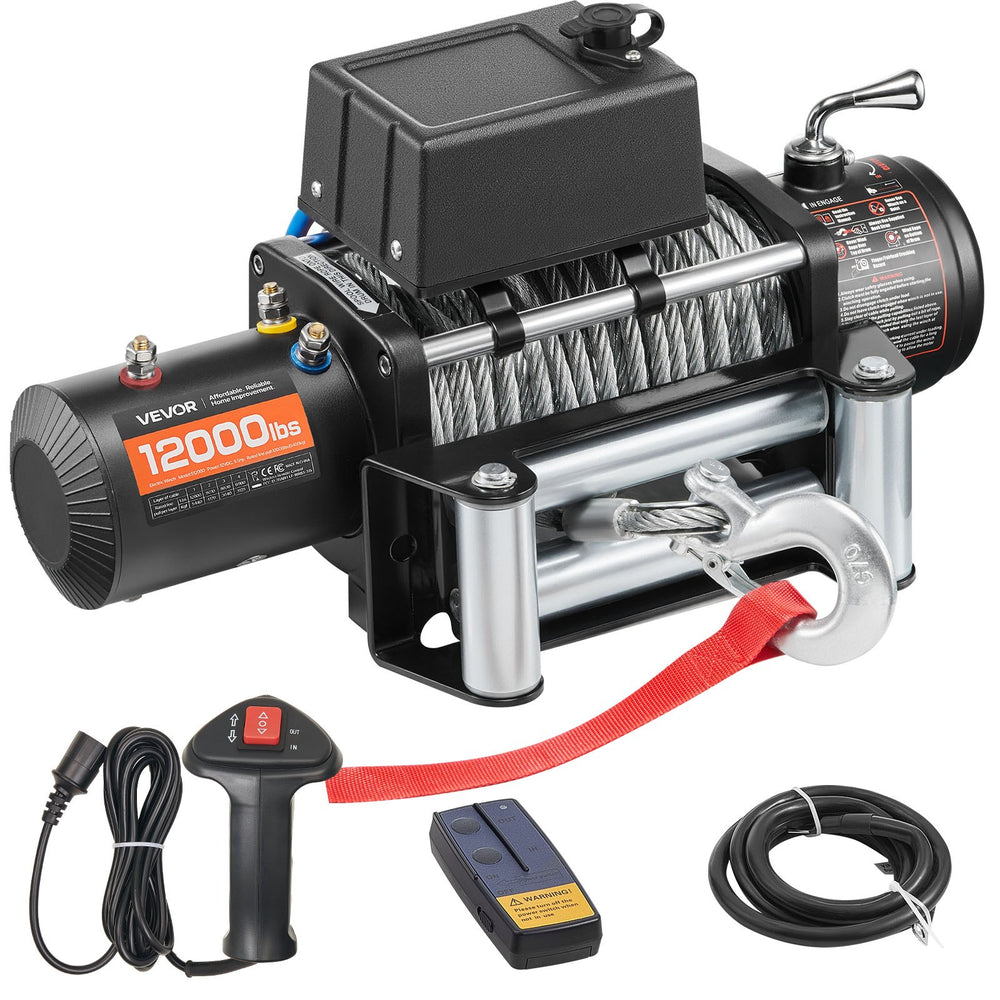 VEVOR Electric Winch, 5400 kg Load Capacity, 12V DC Truck Winch with Φ9.1 mm x 26 m Steel Rope, Wireless & Wired Remote Control, Suitable for Towing SUV Jeep Trailer Boat Off-Road Vehicle
