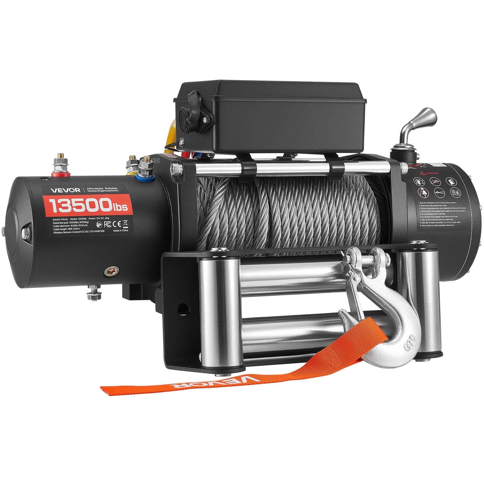 VEVOR Electric Winch, 6100 kg Load Capacity, 12V DC Truck Winch with Φ9.5 mm x 24 m Steel Rope, Wireless & Wired Remote Control, IP55 Waterproof for Towing SUV Jeep Trailer Boat Off-Road Vehicle