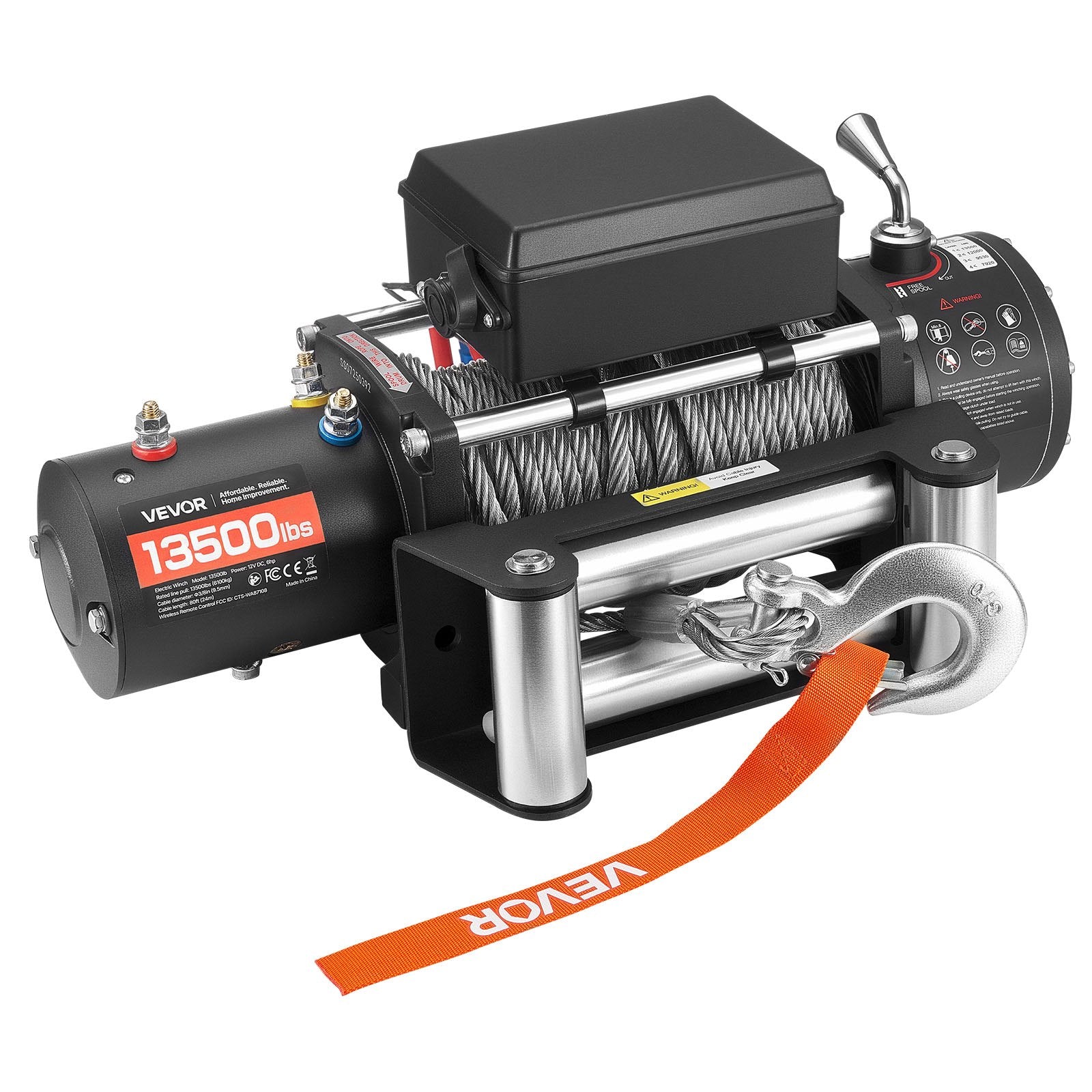 VEVOR Electric Winch, 6100 kg Load Capacity, 12V DC Truck Winch with Φ9.5 mm x 24 m Steel Rope, Wireless & Wired Remote Control, IP55 Waterproof for Towing SUV Jeep Trailer Boat Off-Road Vehicle