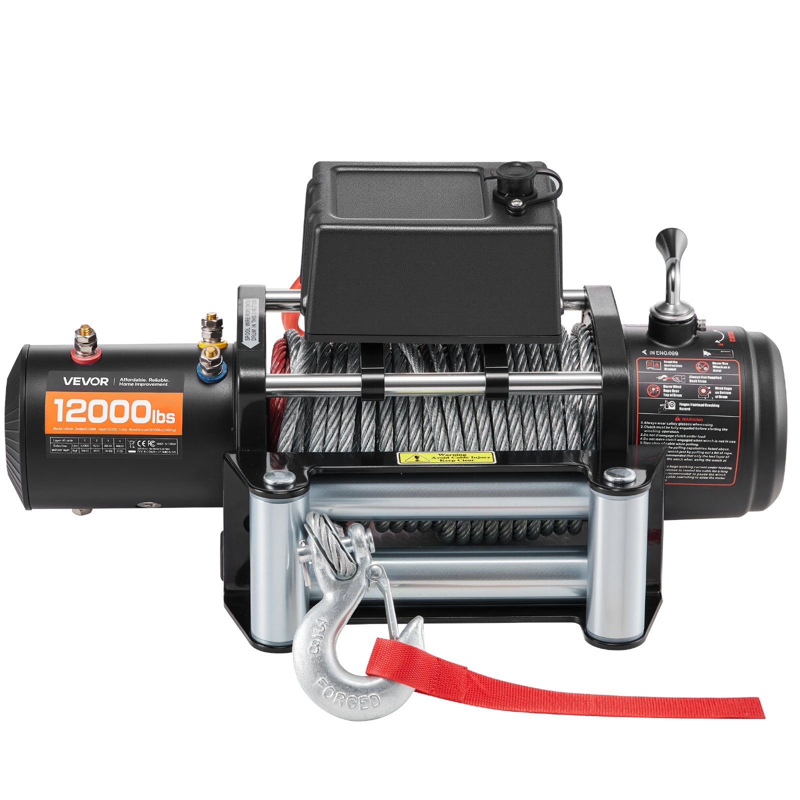 VEVOR Electric Winch, 5400 kg Load Capacity, 12V DC Truck Winch with Φ9.1 mm x 26 m Steel Rope, Wireless & Wired Remote Control, Suitable for Towing SUV Jeep Trailer Boat Off-Road Vehicle