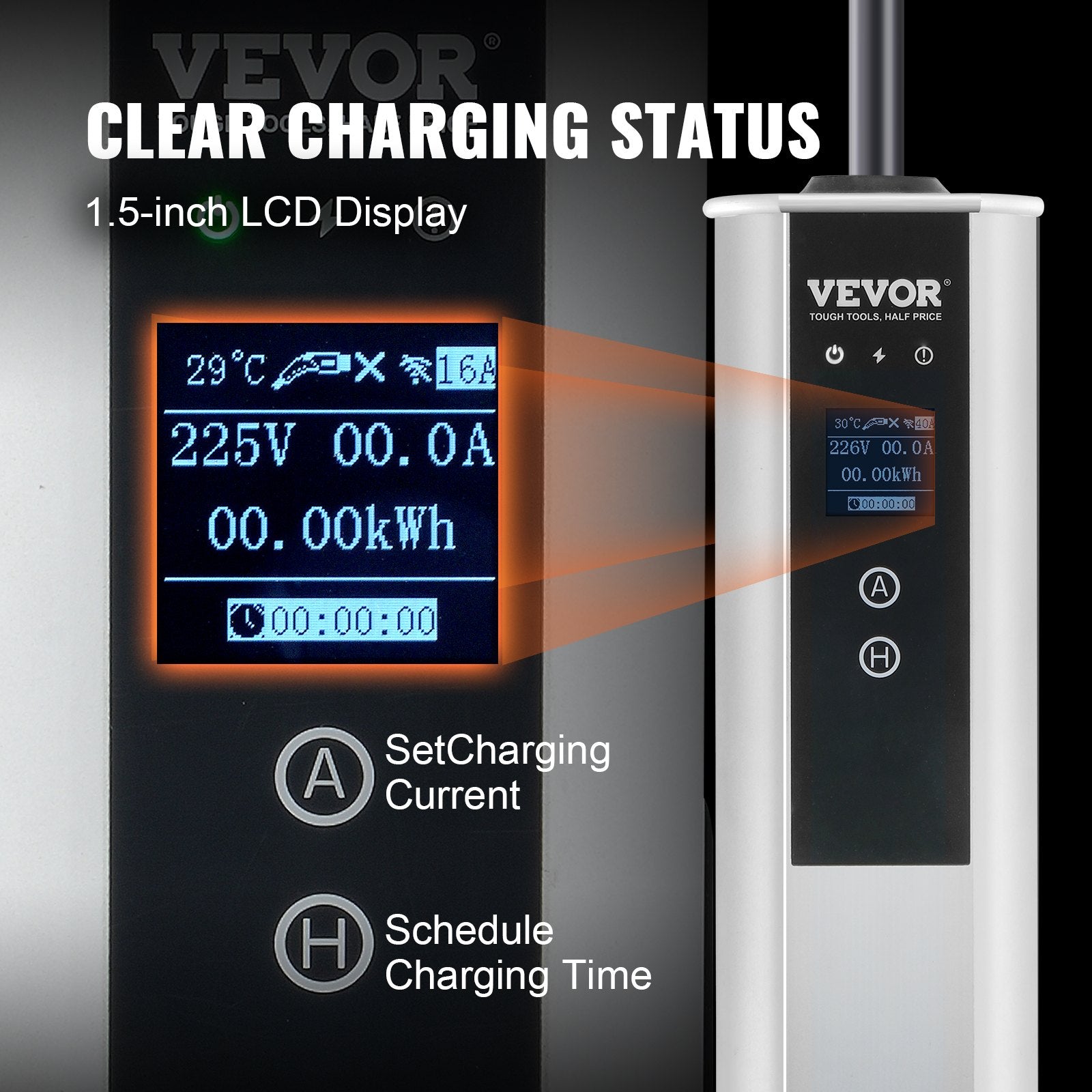 VEVOR Portable EV Charger Type 2, 32A 7.36 kW/22 kW, Electric Vehicle Car Charger with 7.5 M Charging Cable CEE 32 Plug LCD, IEC 62196 Home EV Charging Station with Carry Bag Charging Cable Hook, IP66