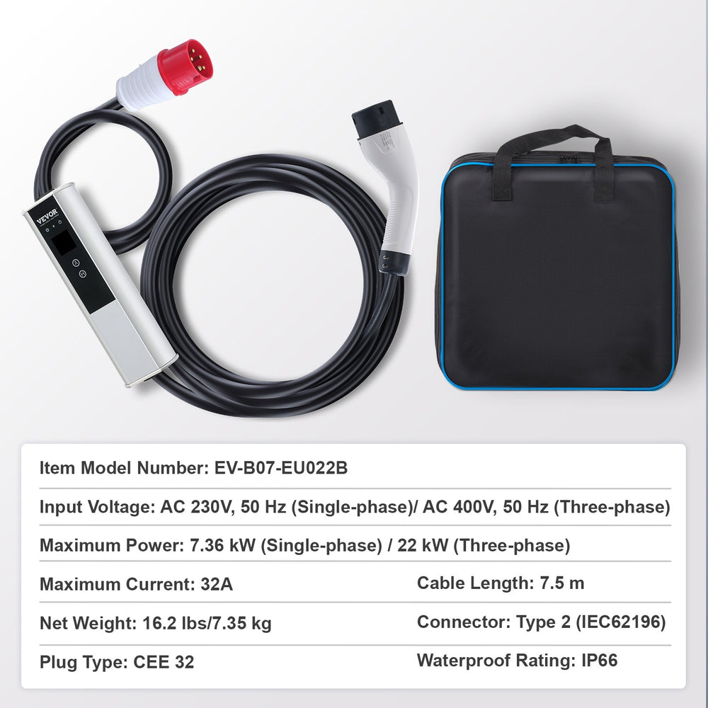 VEVOR Portable EV Charger Type 2, 32A 7.36 kW/22 kW, Electric Vehicle Car Charger with 7.5 M Charging Cable CEE 32 Plug LCD, IEC 62196 Home EV Charging Station with Carry Bag Charging Cable Hook, IP66