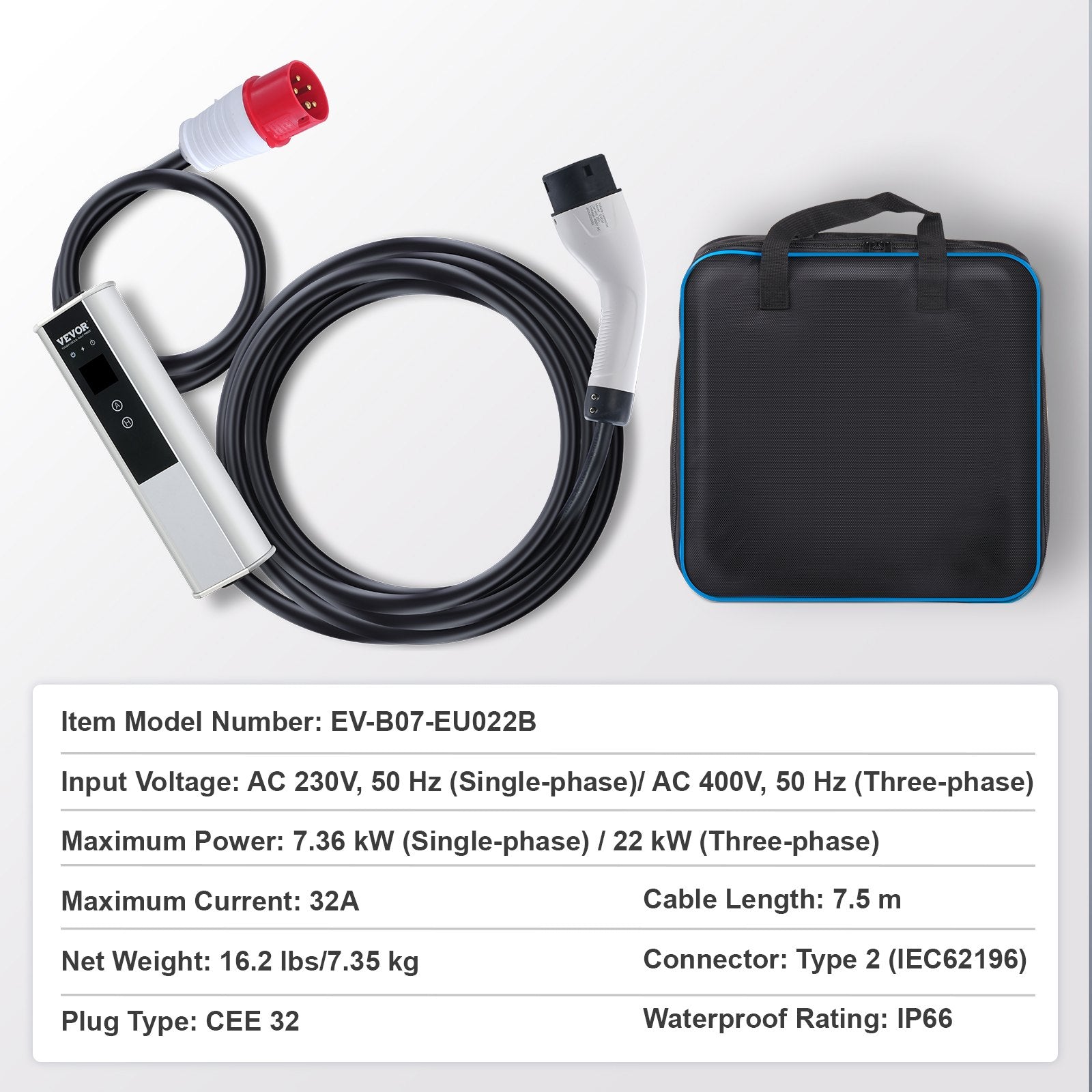 VEVOR Portable EV Charger Type 2, 32A 7.36 kW/22 kW, Electric Vehicle Car Charger with 7.5 M Charging Cable CEE 32 Plug LCD, IEC 62196 Home EV Charging Station with Carry Bag Charging Cable Hook, IP66
