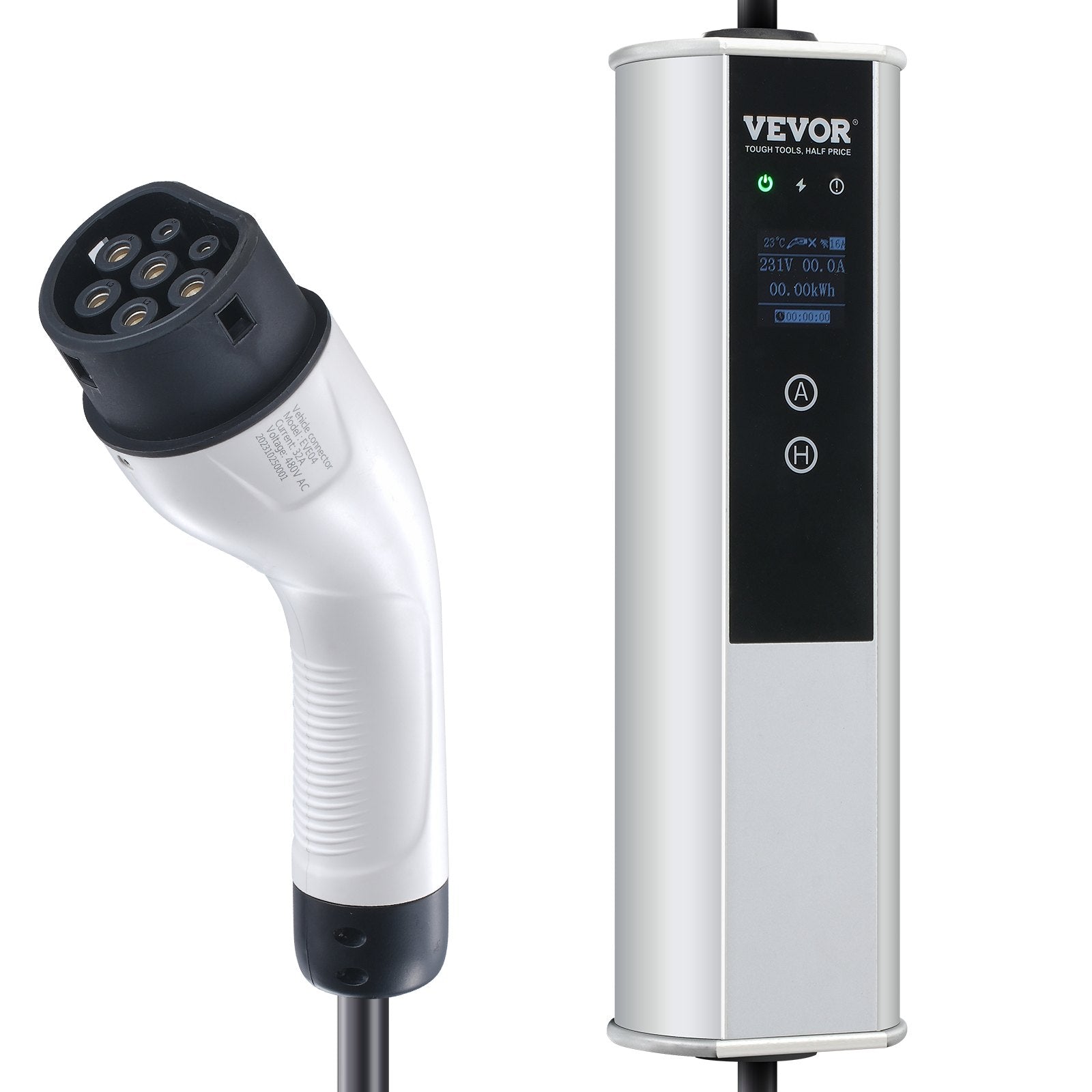 VEVOR Portable EV Charger Type 2, 32A 7.36 kW/22 kW, Electric Vehicle Car Charger with 7.5 M Charging Cable CEE 32 Plug LCD, IEC 62196 Home EV Charging Station with Carry Bag Charging Cable Hook, IP66
