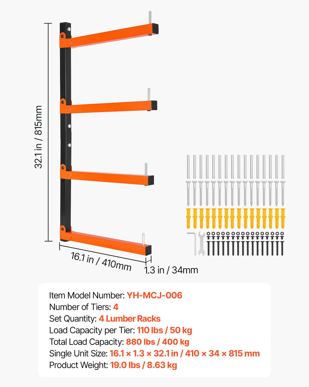 VEVOR Lumber Rack, 4-Tier 4-Pack 50 kg per Tier, Foldable Wood Storage, Wall-mounted for Garages, Workshops, Warehouse, Heavy-Duty Cantilever Arms, 3-Level Adjustment, Steel, Orange & Black