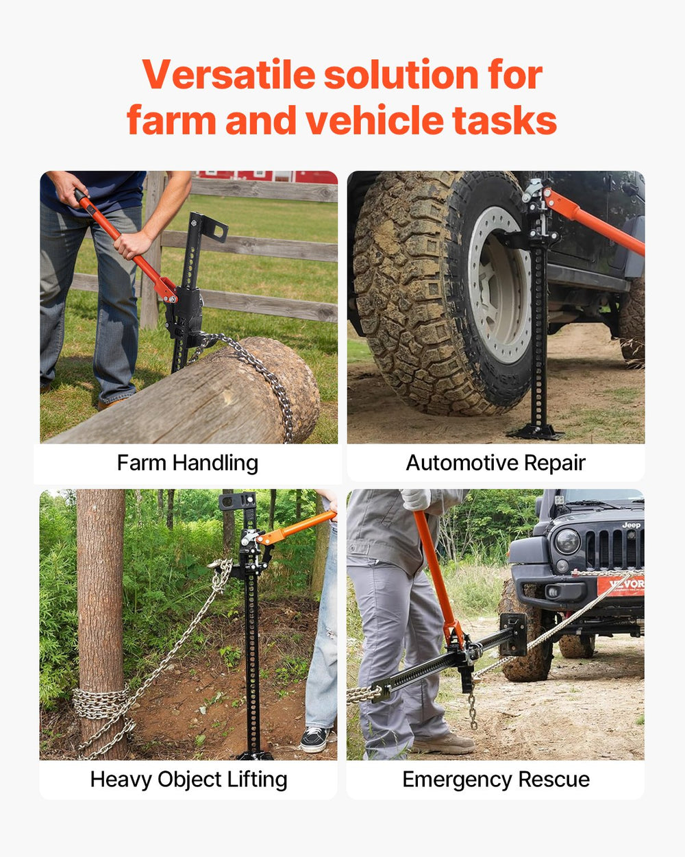 VEVOR Farm Jack with Base, 122cm Utility High Lift Farm Jack, 3.18 Ton Capacity Ratcheting Off Road Utility Jacks, Heavy-Duty Lift Jacks with 130.1-1079.5 mm Lifting Range for Tractor, Truck, SUV