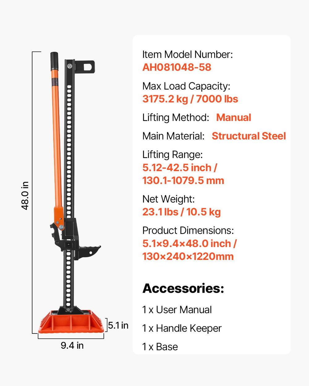 VEVOR Farm Jack with Base, 122cm Utility High Lift Farm Jack, 3.18 Ton Capacity Ratcheting Off Road Utility Jacks, Heavy-Duty Lift Jacks with 130.1-1079.5 mm Lifting Range for Tractor, Truck, SUV