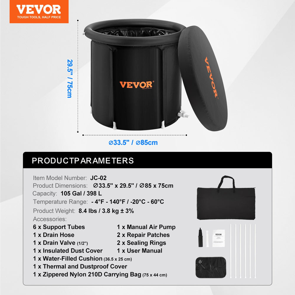 VEVOR Ice Bath Tub, 85 cm Long Cold Water Therapy Plunge Tub for Athletes, Portable Outdoor Ice Barrel Plunge Pool for Recovery, 398L Inflatable Folding Bathtub with Cover, Home Ice Pod for Adult