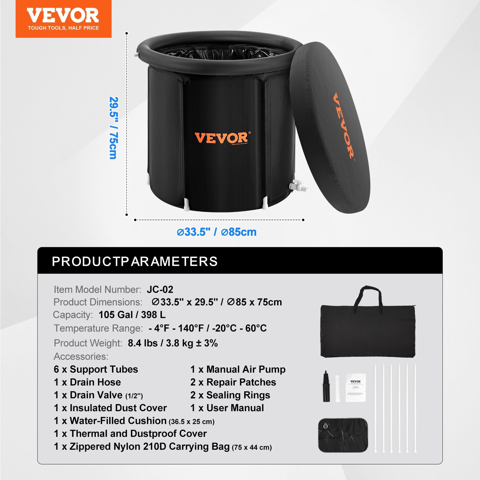 VEVOR Ice Bath Tub, 85 cm Long Cold Water Therapy Plunge Tub for Athletes, Portable Outdoor Ice Barrel Plunge Pool for Recovery, 398L Inflatable Folding Bathtub with Cover, Home Ice Pod for Adult
