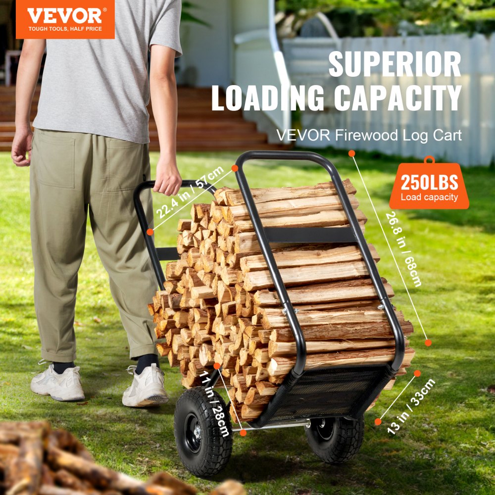 VEVOR Firewood Log Cart, 113.4 kg Capacity, Outdoor and Indoor Wood Rack Storage Mover with PU Wheels & Waterproof Cloth, Heavy Duty Steel Dolly Hauler, Firewood Carrier for Fireplace, Fire Pit, Black