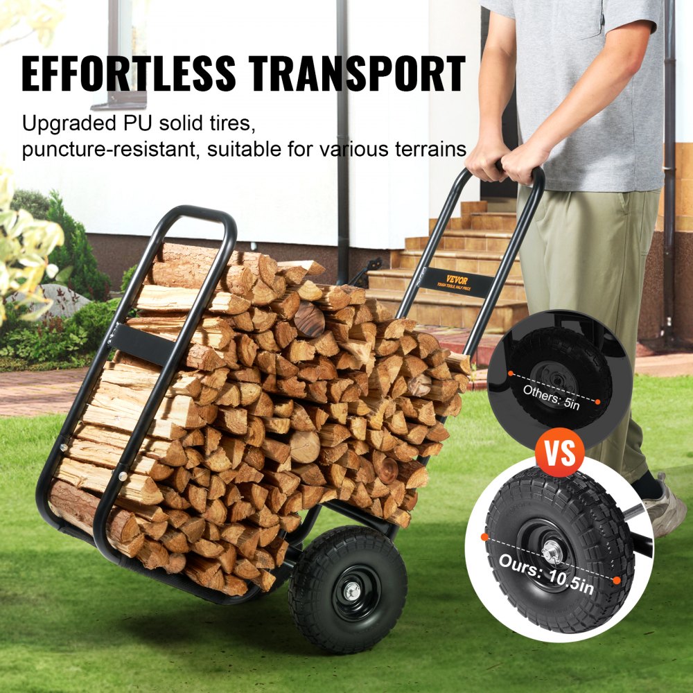 VEVOR Firewood Log Cart, 113.4 kg Capacity, Outdoor and Indoor Wood Rack Storage Mover with PU Wheels & Waterproof Cloth, Heavy Duty Steel Dolly Hauler, Firewood Carrier for Fireplace, Fire Pit, Black