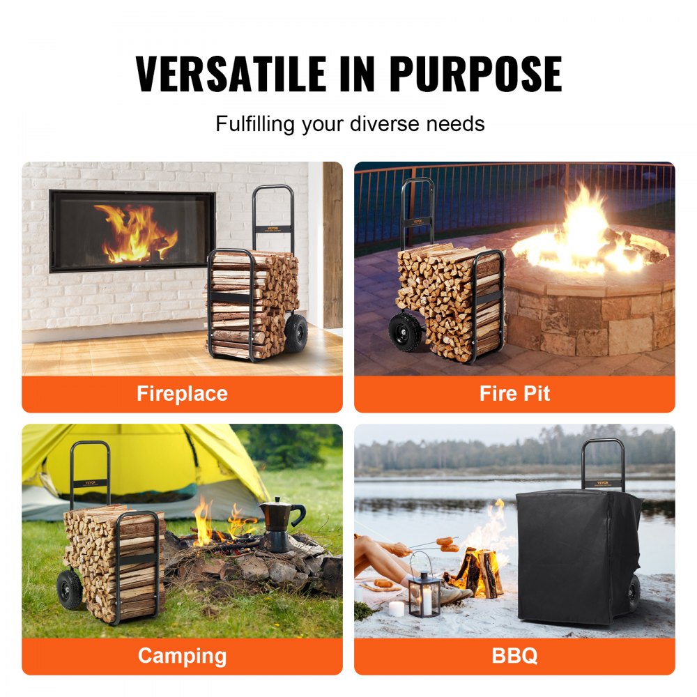 VEVOR Firewood Log Cart, 113.4 kg Capacity, Outdoor and Indoor Wood Rack Storage Mover with PU Wheels & Waterproof Cloth, Heavy Duty Steel Dolly Hauler, Firewood Carrier for Fireplace, Fire Pit, Black
