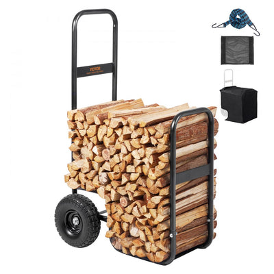 VEVOR Firewood Log Cart, 113.4 kg Capacity, Outdoor and Indoor Wood Rack Storage Mover with PU Wheels & Waterproof Cloth, Heavy Duty Steel Dolly Hauler, Firewood Carrier for Fireplace, Fire Pit, Black