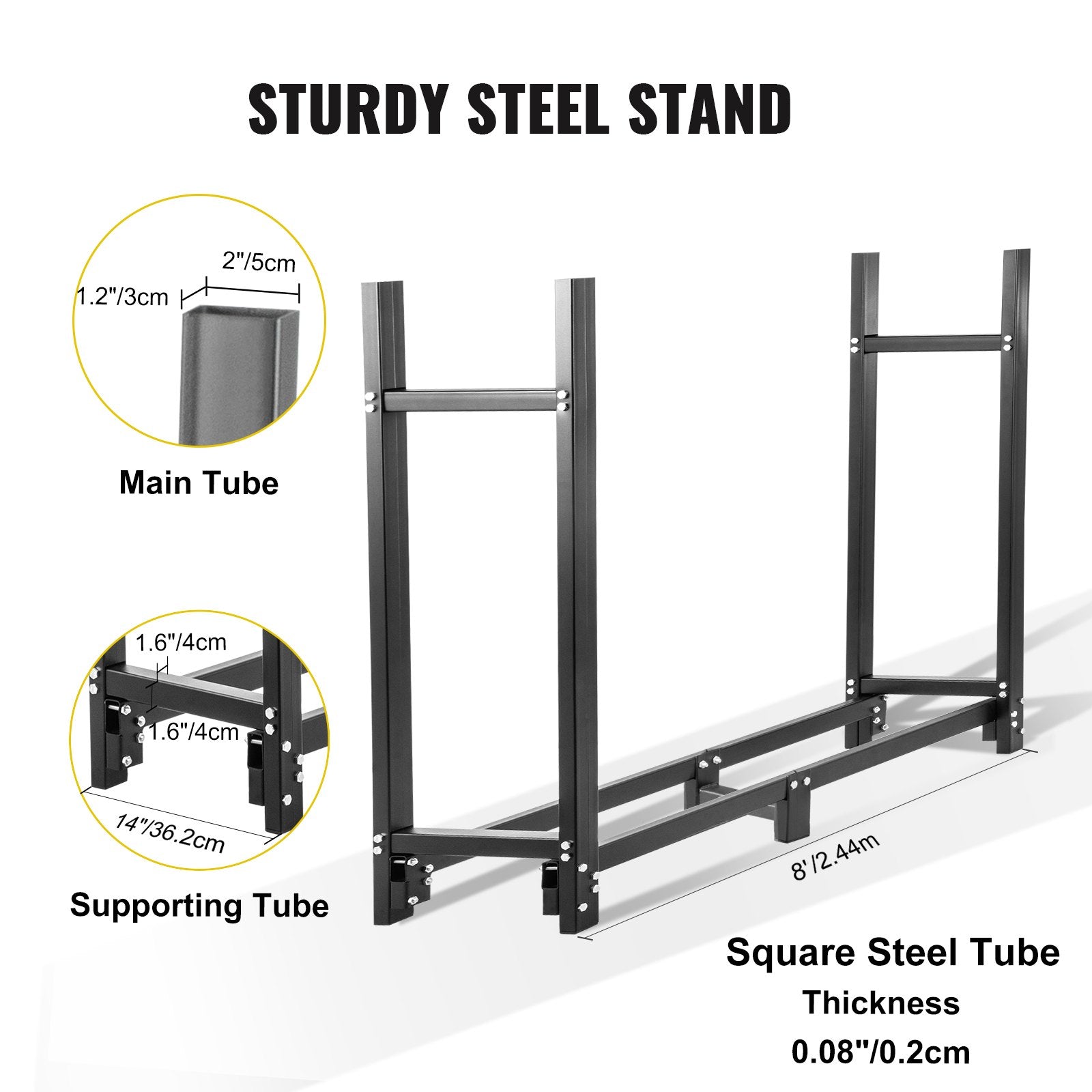 VEVOR Firewood Log Rack, 2.44 m Firewood Rack Outdoor, Black Firewood Rack Stand, Steel Outdoor Wood Rack, Firewood Log Holder with Load Capacity 590 kg, Firewood Rack with Cover & Fireplace Tool Set