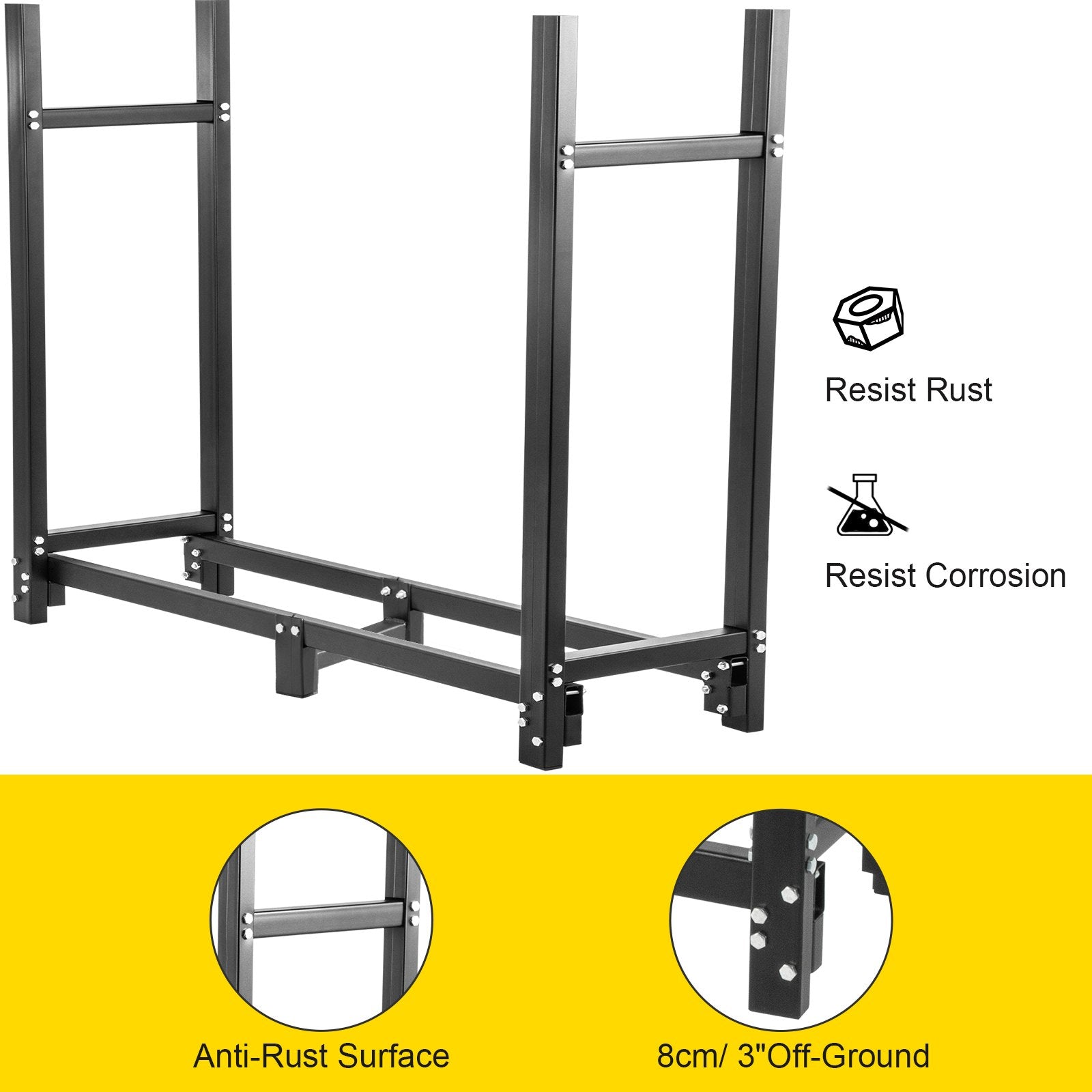 VEVOR Firewood Log Rack, 2.44 m Firewood Rack Outdoor, Black Firewood Rack Stand, Steel Outdoor Wood Rack, Firewood Log Holder with Load Capacity 590 kg, Firewood Rack with Cover & Fireplace Tool Set