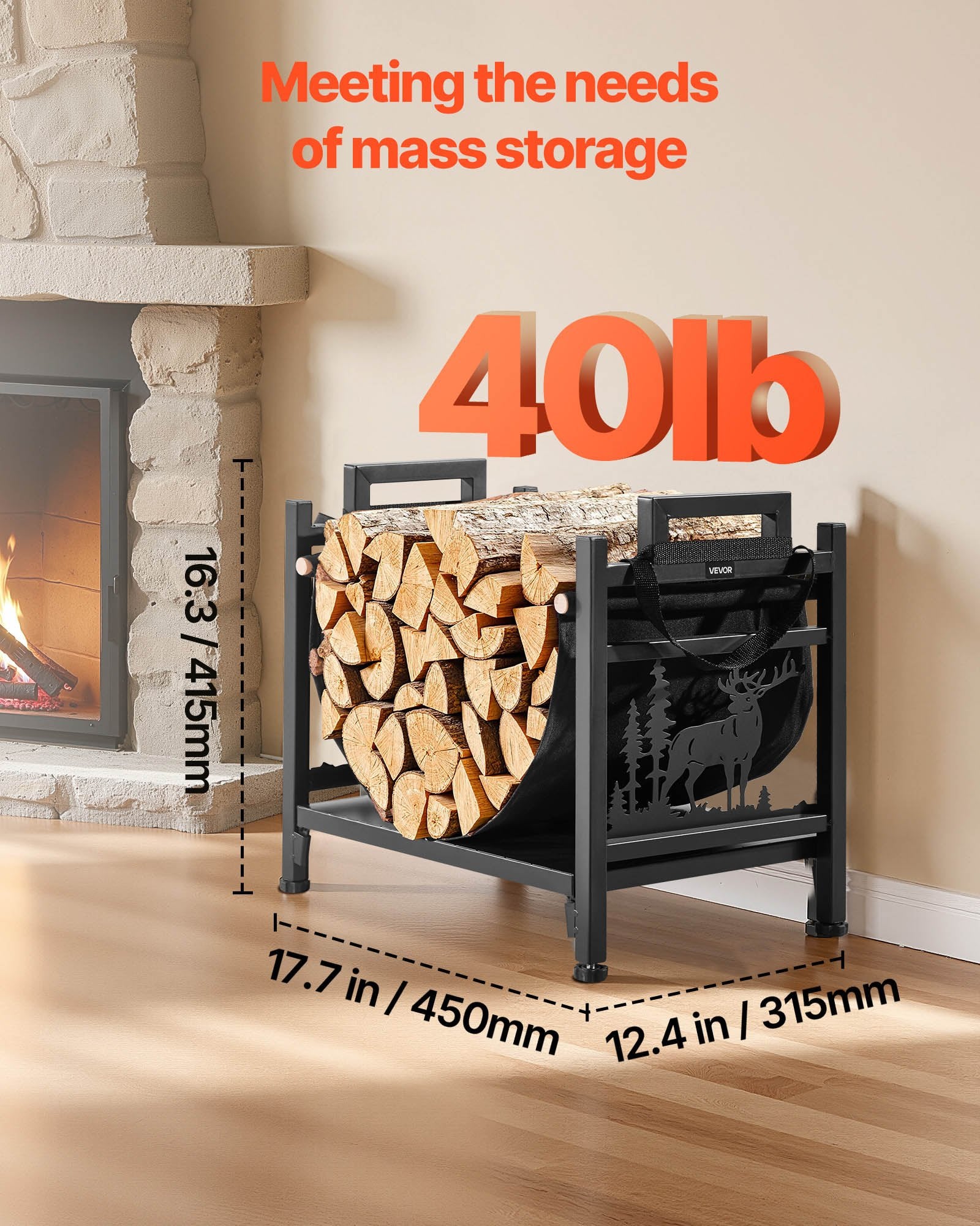 VEVOR Indoor Firewood Rack, 45cm Curved Log Holder with Canvas Carrier, 18kg Weight Capacity Wood Storage Stand, Powder-Coated Steel Firewood Holder, Heavy Duty Wood Pile Stacker Rack for Fireplace