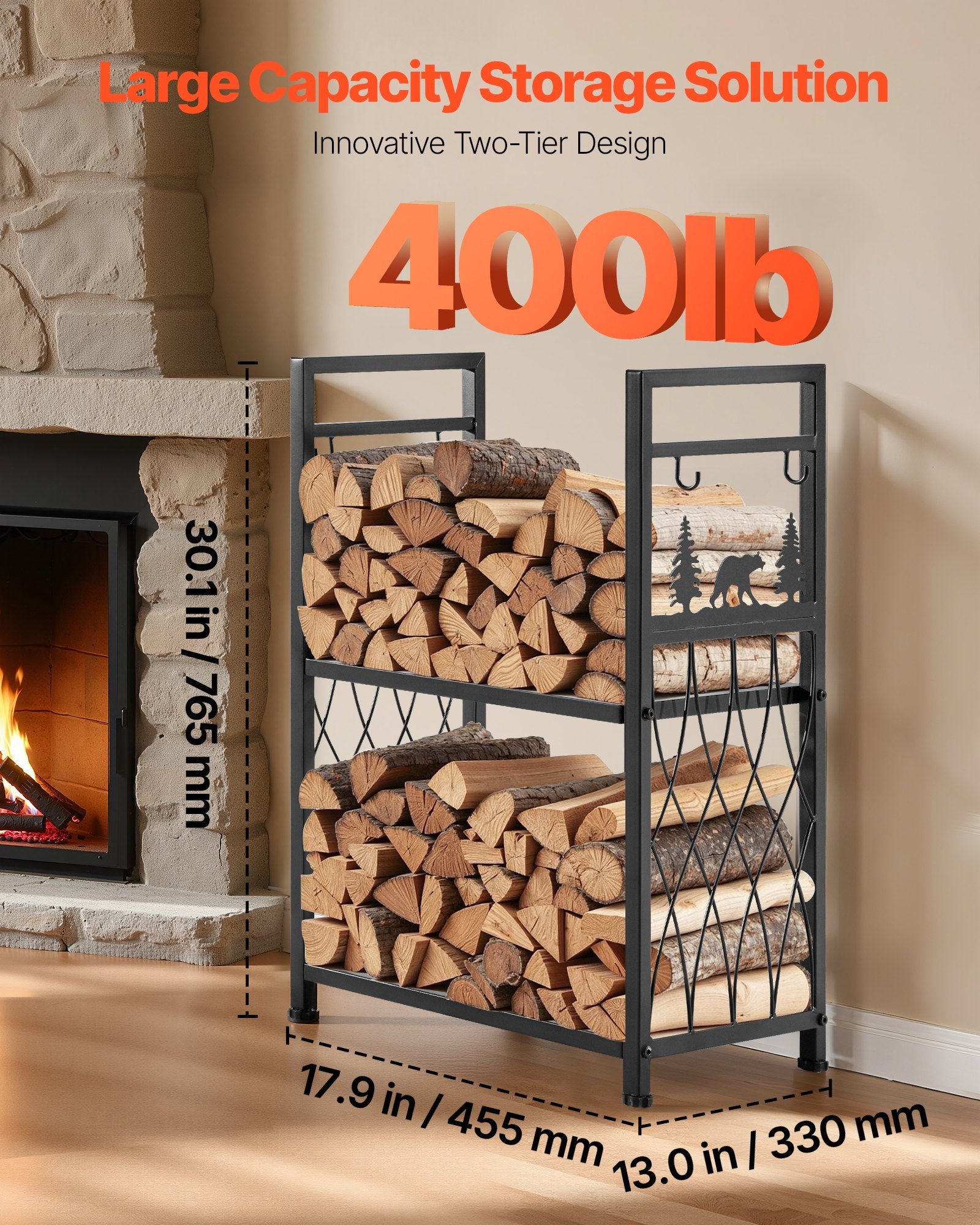 VEVOR Indoor Firewood Rack, 45.5cm 2-Tier Firewood Holder with Fireplace Tools, Brush, Shovel, Poker, Tongs, Heavy Duty Log Wood Rack, 400 lbs Weight Capacity, Wood Pile Storage Stacker for Fire Pit