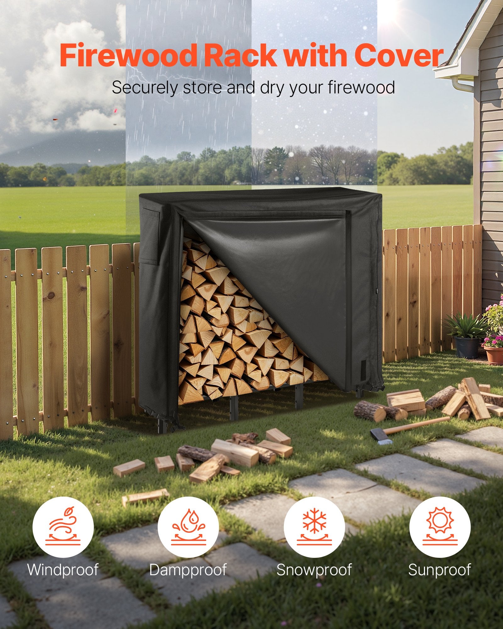 VEVOR Firewood Rack with Waterproof Cover, 1.22m Outdoor Firewood Holder, 1/4 Cord Storage Metal Log Holder, 400lb Max Weight Capacity, Full Covered, Powder-Coated Wood Storage Rack for Fireplace Deck
